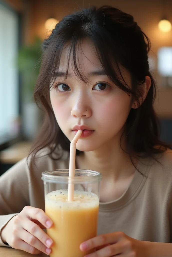 Photorealistic, high-quality 32k photo　Top quality,  Japanese women,Plain girl 　******　Drink tapioca juice at a cafe　Close up on the mouth