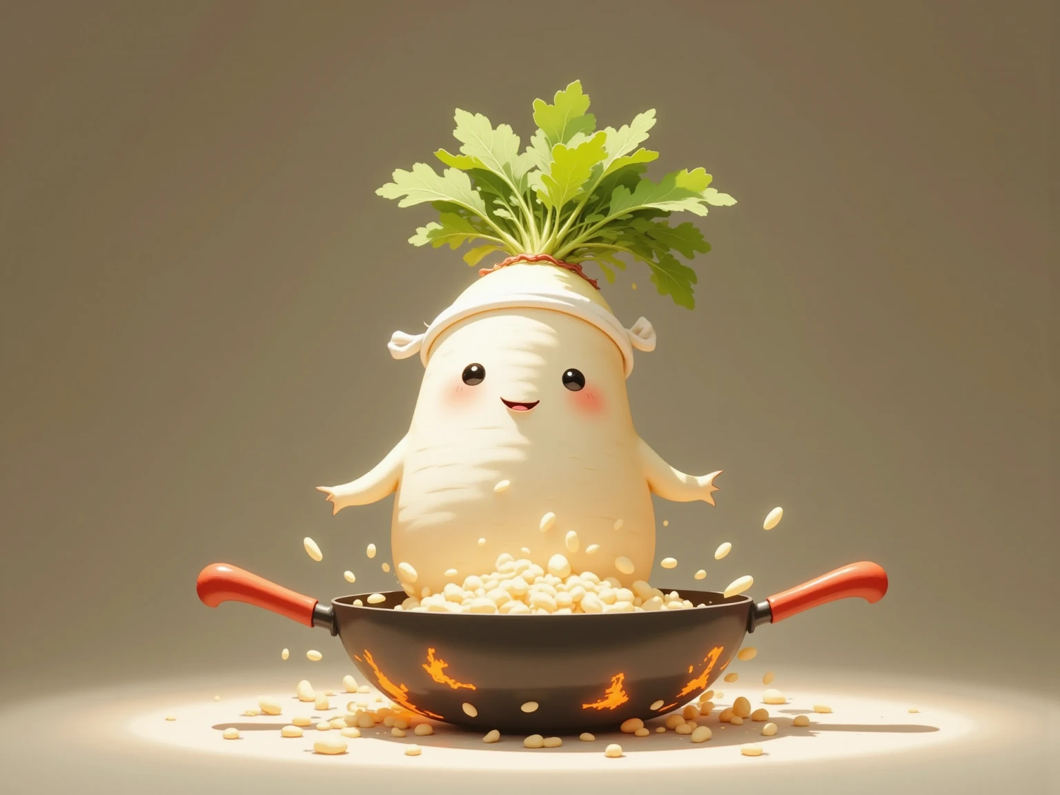 masterpiece:1.3,  cute radish,  Chinese restaurant kitchen ,  fiery stove , Large wok, Anthropomorphic daikon ,  daikon with headband flips a wok to make fried rice,  fried rice floats in the air ,  cooking, china hotel,  Chinese-style restaurant 