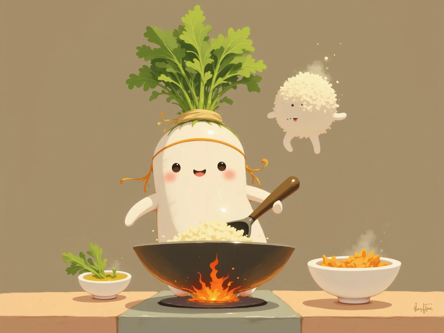 masterpiece:1.3,  cute radish,  Chinese restaurant kitchen ,  fiery stove , Large wok, Anthropomorphic daikon ,  daikon with headband flips a wok to make fried rice,  fried rice floats in the air ,  cooking, china hotel,  Chinese-style restaurant 