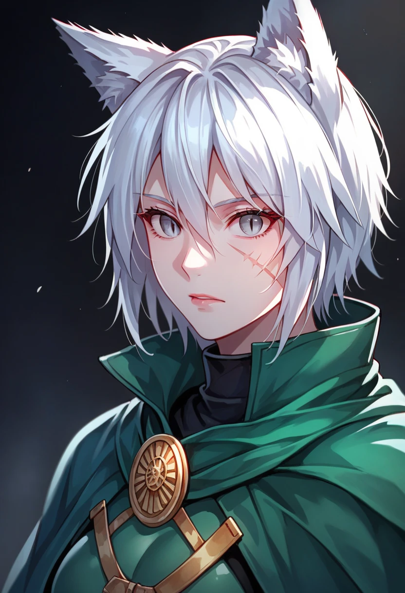 One woman, mature, female anime character with white hair, large wolf ears, wolf tail, expressionless, green cloak, worn ancient plain armor, face scars, gray eyes, dead eyes, slit pupils, black undersuit, rogue anime woman, detailed anime character art, necromancer, dark, female anime character, anime character art, facing center,ultra-detailed,dark colors, dark lighting, dark background, sharp focus, AissistXLv2, ENDXL_Neg.