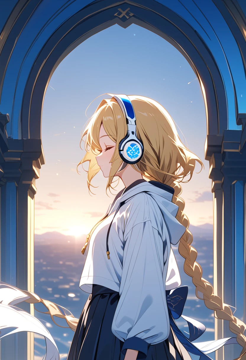 {{{masterpiece}}}, {{{ top quality}}}, {{ ultra detail}}, { cute, DETAIL EYES },((side view,closed eyes)),  One Girl , Alone, ((gold hair,long braid)),((((white headphones))),(((white hoodie))),(black skirt),((standing)),Midea,sunrise,clear sky