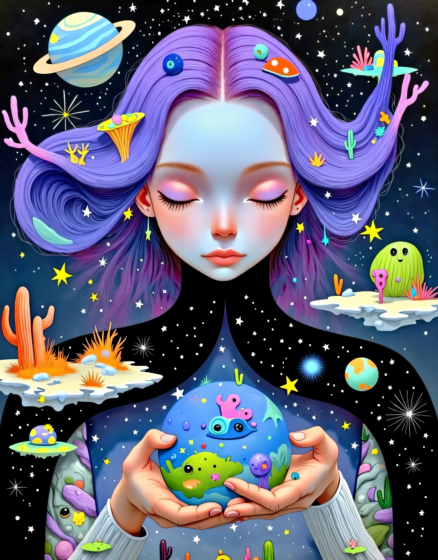  beautiful girl, beautiful element, close-up shot only head and neck  ,  close their eyes , . Her hair is made in the form of cosmic purple elements  ,  planets in space, StarTrek, made of hair  , . She is having a group of burning clouds on her hands, and a planet  ,  Her beautiful hand in a cosmic pattern hugs a small planet with aliens, Long hair , Photo editing , painting \(medium\),  purple hair , \(sky\), \( sign\), Watercolor \(medium\), Star background 
