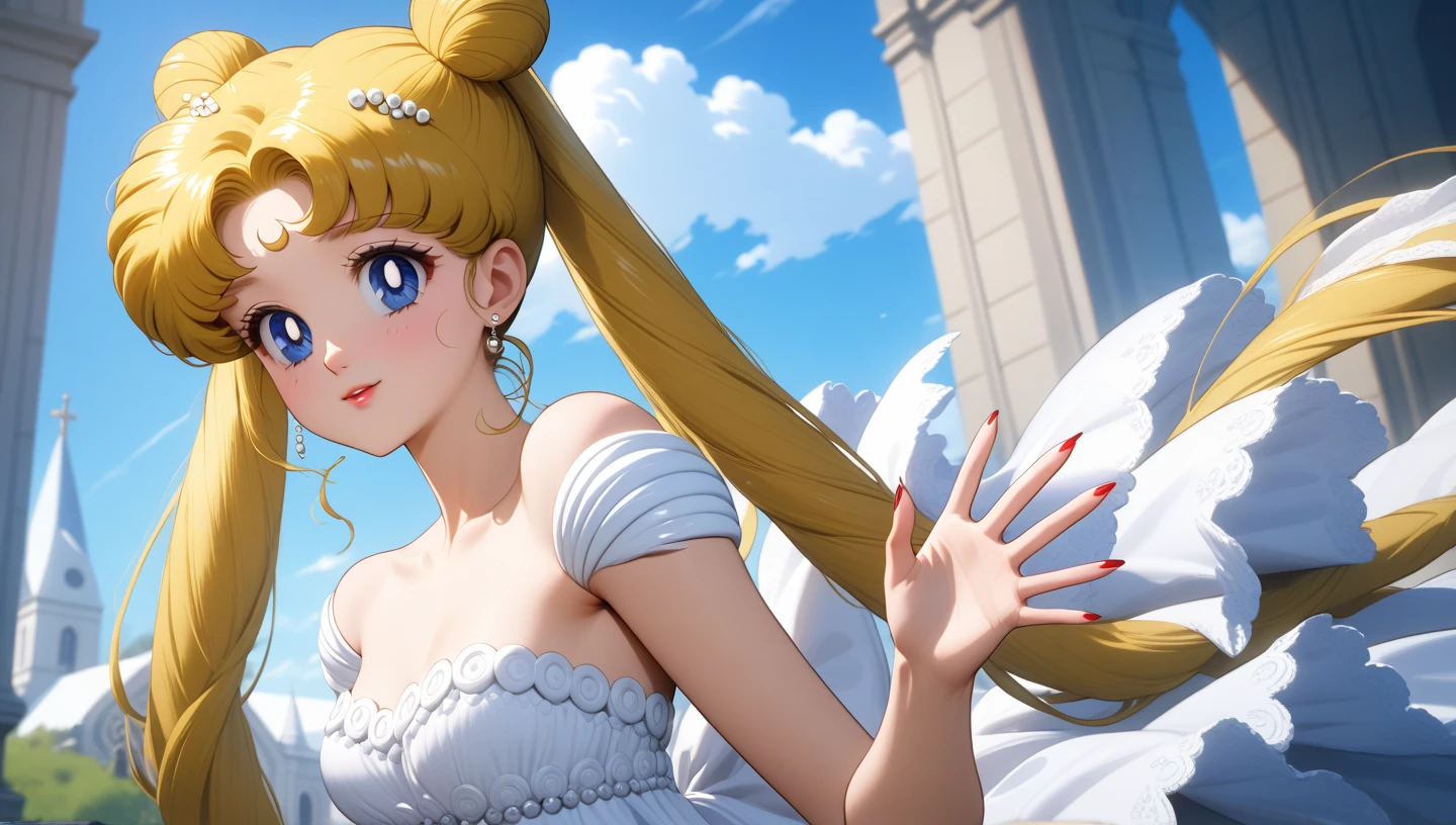 ((Upper body center)) (masterpiece, best quality, very aesthetic , ultra detailed), intriguing details , 4K, blonde hair, double bun, twintails, small breasts, blue eyes, mature female, red nails, solo, Best quality, masterpiece, High Definition, church, detailed background, intricate details, day, white dress, lush shoulders, waving, Высокое разрешение