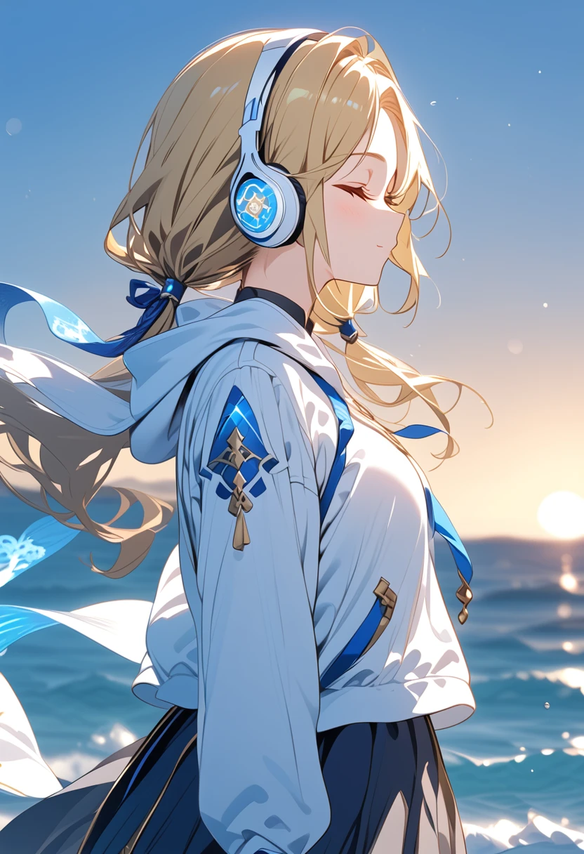 {{{masterpiece}}}, {{{ top quality}}}, {{ ultra detail}}, { cute, DETAIL EYES },((side view,closed eyes)),  One Girl , Alone, ((gold hair,low twintails)),((((white headphones))),(((white hoodie))),(black skirt),((standing)),Midea,sunrise,clear sky