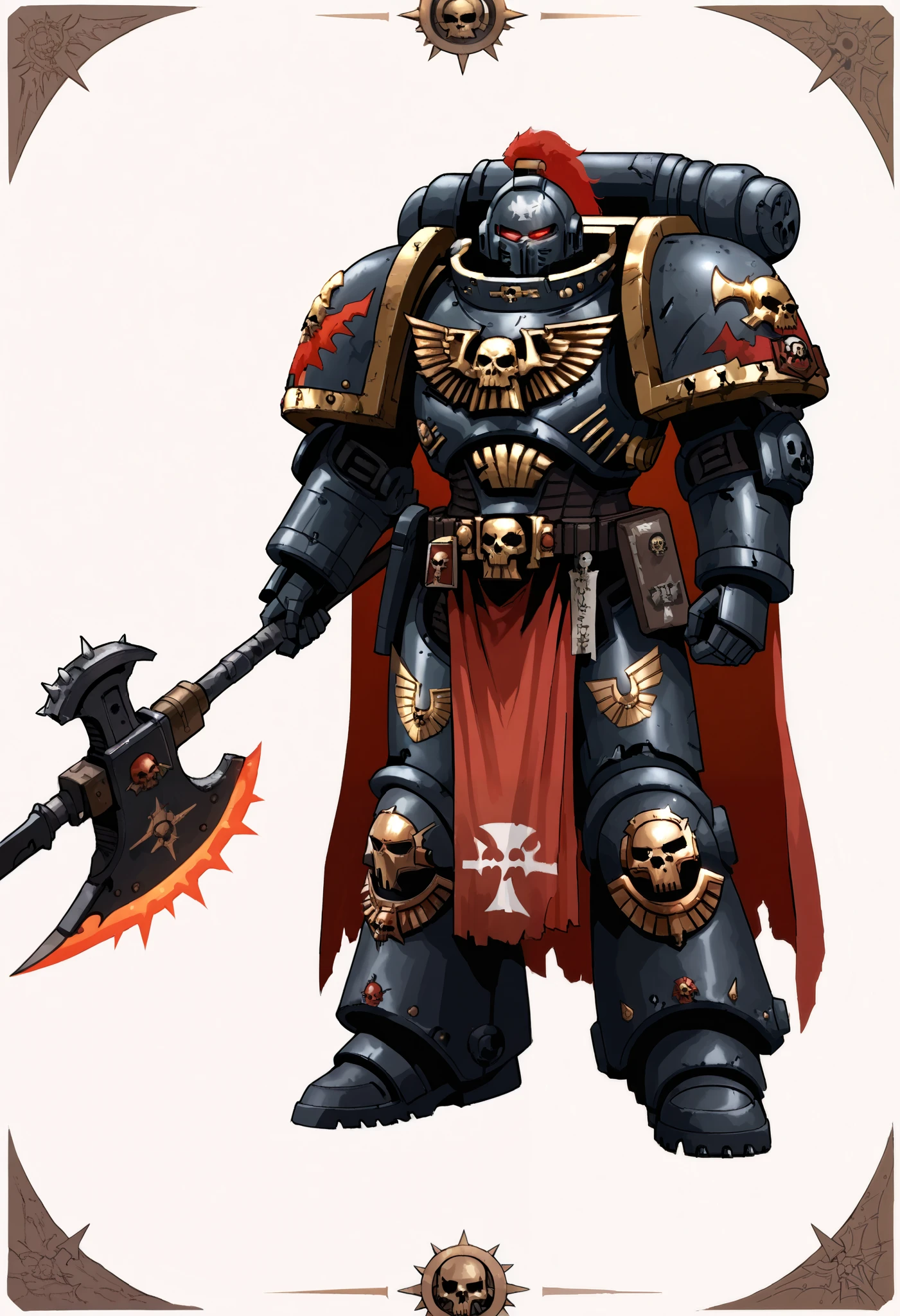 Anime, Concept art, Absurd resolution, high resolution, (masterpiece: 1.4), hyper-detail, warhammer 40k terminator armor, Juggernaut armor, heavy armor, knight, full body, glowing weapon, cloak, black armor, red trimings, edgy, grimdark, octosoup, 1man, bulky, buff, red plume, loin cloth, primaris helmet, reference sheet, iron halo, UltraM40k, full shot, Holding_Halberd_V1, whtitus