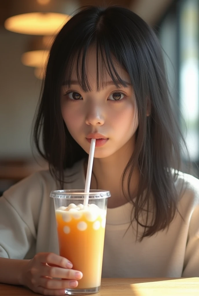 Photorealistic, high-quality 32k photo　Top quality,  Japanese women,Plain girl 　　Drink tapioca juice at a cafe　Close up on the mouth：1.5