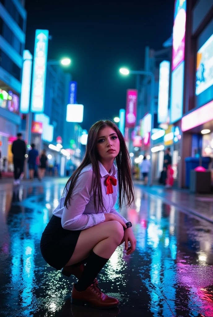 This is a vibrant, Photograph depicting a side view of Chrissy Costanza in a rain-soaked urban street scene. The woman, with a fair complexion and long brown soaking wet haircut, crouches on the wet pavement. She wears a semi-transparent white blouse with a red bow tie, and a short black skirt, complemented by knee-high black socks and brown shoes. Her expression is one of tenderness and concern as she is looking straight at the viewer. The background showcases a bustling, neon-lit city street at night, with raindrops glistening on the wet pavement and reflecting the ambient light. The buildings on either side of the street are tall and modern, with illuminated shop signs and windows displaying various goods. The street is lined with electric wires and street lamps, casting a blue hue over the scene. In the distance, there are other pedestrians, their silhouettes blurred by the rain, adding to the bustling atmosphere. The overall mood is melancholic yet serene, capturing the quiet moments of solitude and care amidst a busy urban environment.
