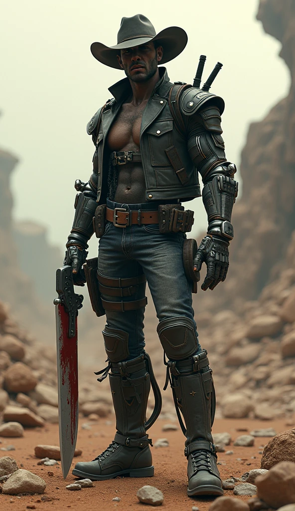 barret, dark skin male with gun arm and tattoo, sunglasses, shirtless , (( Machine G-string )) , full body , black boots
