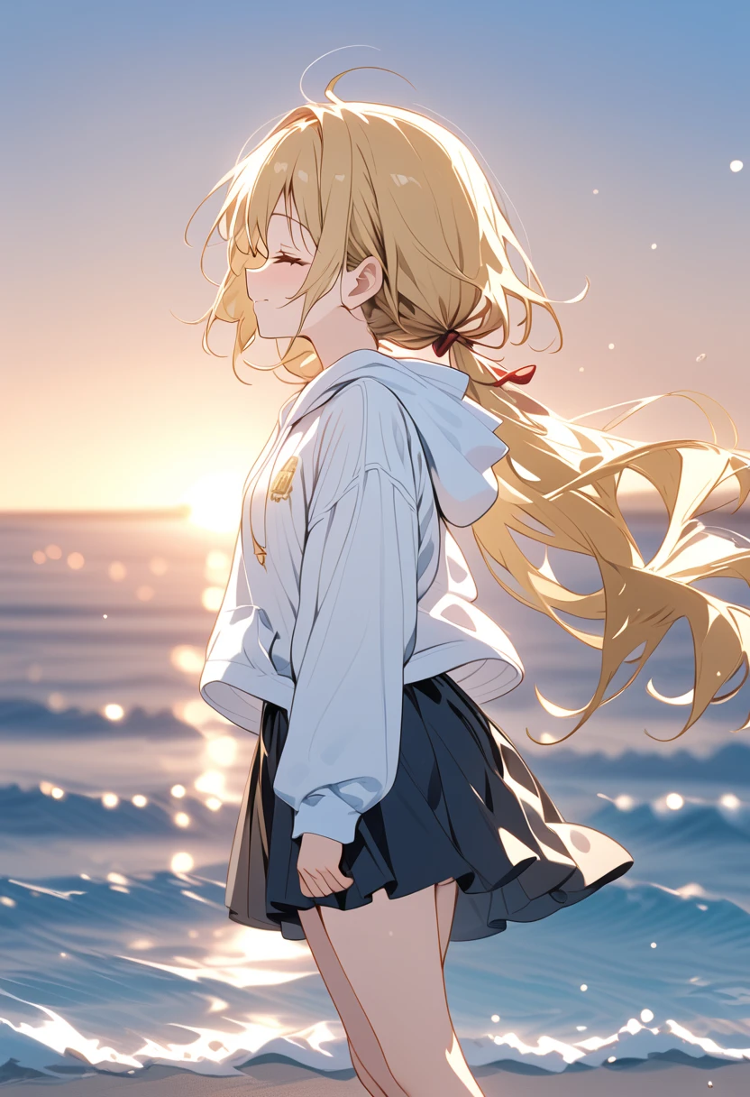 {{{masterpiece}}}, {{{ top quality}}}, {{ ultra detail}}, { cute, DETAIL EYES },((side view,closed eyes)),  One Girl , Alone, ((gold hair,low twintails)),((((white headphones))),(((white hoodie))),(black skirt),((standing)),light smile,Midea,sunrise,clear sky