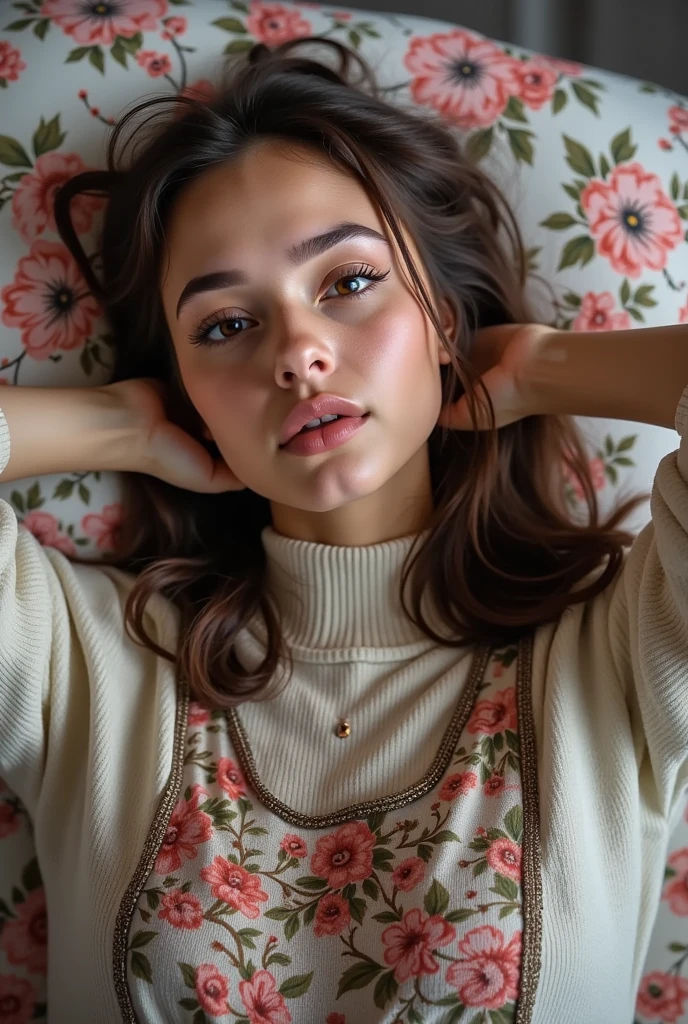 1girl walking on the river, mix4, sweater, pillow, lips, open_mouth, realistic, photo_(medium), solo, stuffed_animal, stuffed_toy, teddy_bear,(masterpiece),(photorealistic:1.3), ultra-detailed, (high detailed skin:1.2),(best quality:1.0), (ultra highres:1.0), (ulzzang-6500:0.3), wavy detailed hair, long hair, sunshine, (beautiful detailed makeup), (sexually aroused blushing heavy breathing:1.0), floral theme flower petals scattered, (soft glow bloom:0.5)