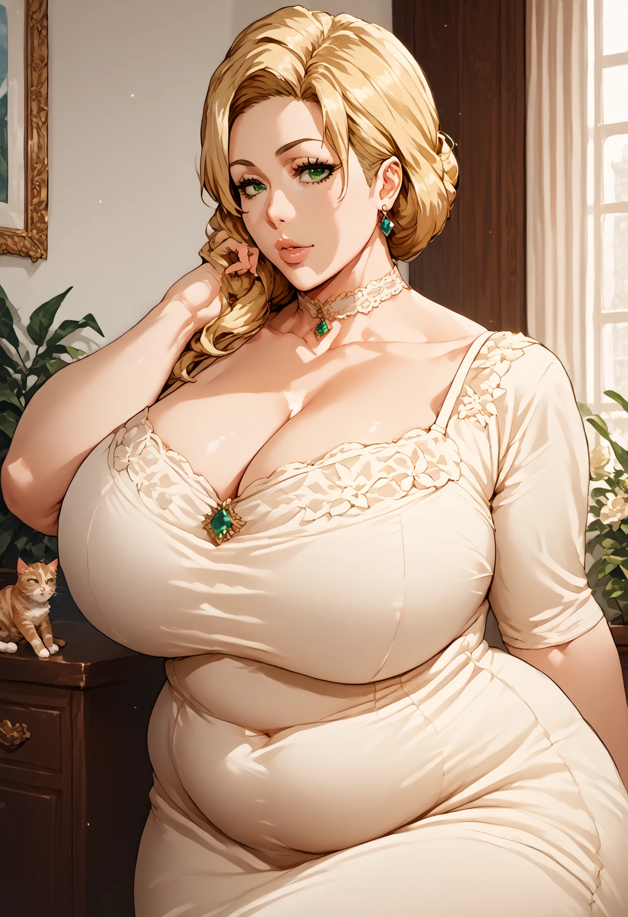 score_9, score_8_ up, score_7_ up,  source_Anime,  One Girl , Alone,  chubby, indoor, pale,  mature woman, Mature Woman, cat,  dress, wearing  dress,  green eyes, Blonde 