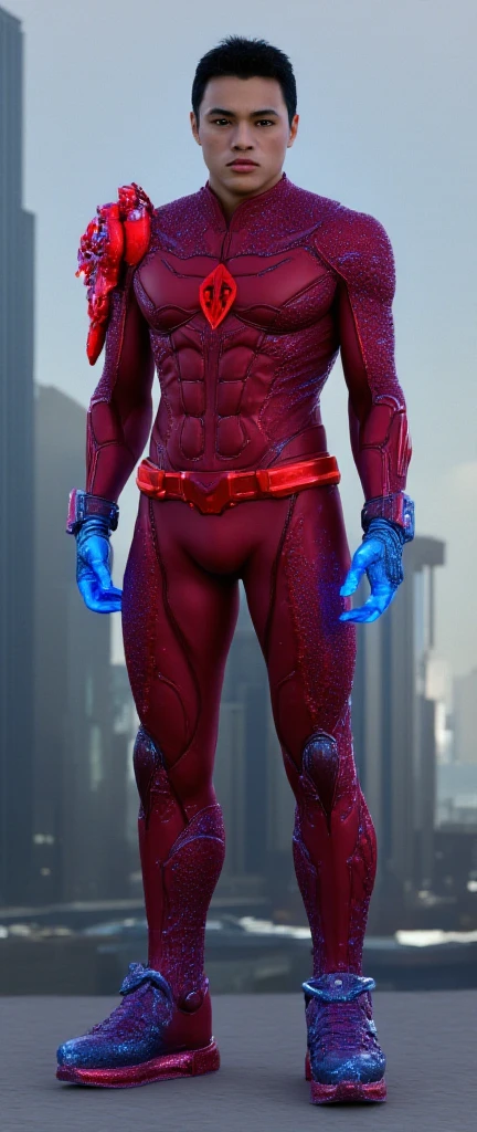 Full body photorealistic handsome hunky young slender futuristic young Colossal with black undercut long hair wearing a red micro scale textured costume blue detailed on the costume and blue gloves and boots, and wristbands that  manipulate brain energy , his body is covered with bursting energy,, black eyes. future city as the background 