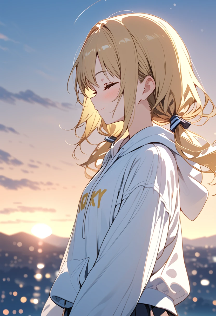 {{{masterpiece}}}, {{{ top quality}}}, {{ ultra detail}}, { cute, DETAIL EYES },((side view,closed eyes)),  One Girl , Alone, ((gold hair,low twintails)),((((white headphones))),(((white hoodie))),(black skirt),((standing)),light smile,Midea,sunrise,clear sky