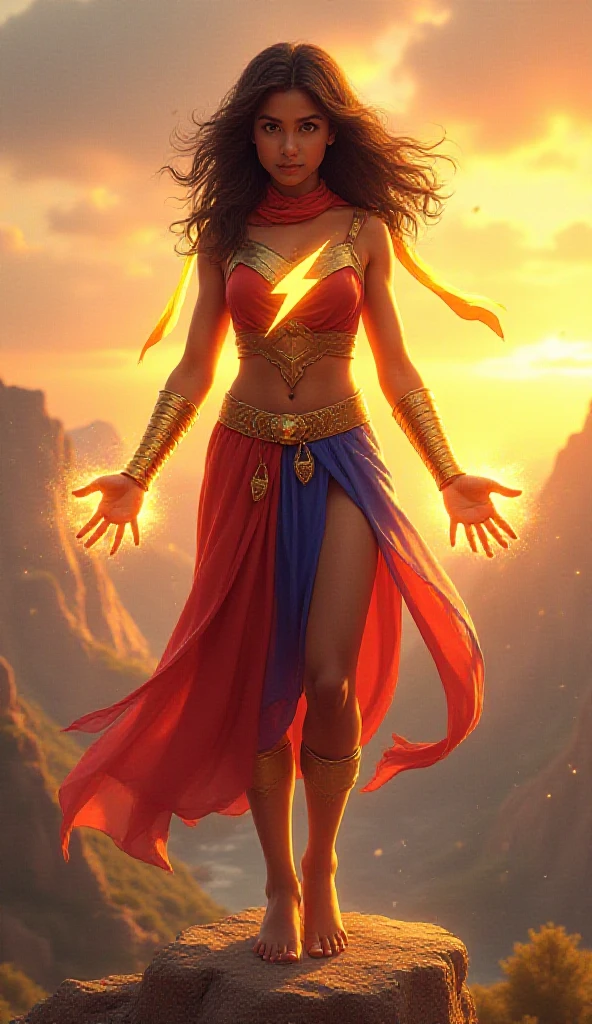 Reimagine Ms. Marvel (Kamala Khan) as a Greek goddess of adaptability, creation, and youthful resilience—a deity who embodies the boundless potential to grow, evolve, and inspire. Her attire merges classical Greek aesthetics with her iconic look: a shimmering tunic-like dress in vibrant red and blue, adorned with golden accents and a lightning bolt emblem glowing on her chest. Her golden bracelets are engraved with ancient runes, symbolizing her divine connection to the forces of change. A flowing scarf, resembling a celestial ribbon, trails behind her, shifting colors to reflect her energy.

As the ‘Goddess of Infinite Forms,’ she possesses divine abilities to reshape herself and the world around her. She can enlarge her limbs to titanic proportions, conjure protective barriers of light, and craft tangible constructs from pure energy. Her power extends to influencing the fabric of reality, enabling her to create or mend what has been broken. She inspires the downtrodden, instilling courage and hope in those who feel powerless, and her presence brings a sense of unity and possibility.

Place her atop a gleaming marble temple perched on a mountaintop, with a radiant sunrise behind her symbolizing new beginnings. The temple is surrounded by blooming gardens and flowing streams, representing life and growth. Golden beams of light emanate from her hands as she extends them outward, creating bridges of light that connect distant lands and people. Her expression is warm and determined, capturing her role as a goddess of transformation and an unyielding symbol of hope