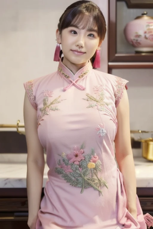 Close-up, masterpiece, Highest quality, Complete Anatomy、Raw photo, Photorealistic、(Very cute smile:1.7)、(Colorful and erotic cheongsam:1.7), Depth of written boundary, High resolution, Ultra-detailed, In detail, Very detailed, Very detailed目と顔, Realistic students, Sharp focus, Cinema Lighting、(一人のwoman、solo:1.3)、 ponytail、Curly Hair、Very detailed8k壁紙、Please show me your whole body、Looking into the camera、(Pink fishnet stockings、Panties are visible）、standing、Angle from below、(太もものClose-up:1.4)、A beautiful figure、Depth of written boundary、Background blur,Japanese,23 years old,woman,Brown long straight hair,Detail face,Detail lips,Details,double eyelid,Wet body,perfect body,Trained abdominal muscles,Shiny skin,Highest quality,日本のwoman一人,diamond,Earrings、Beijing in the background