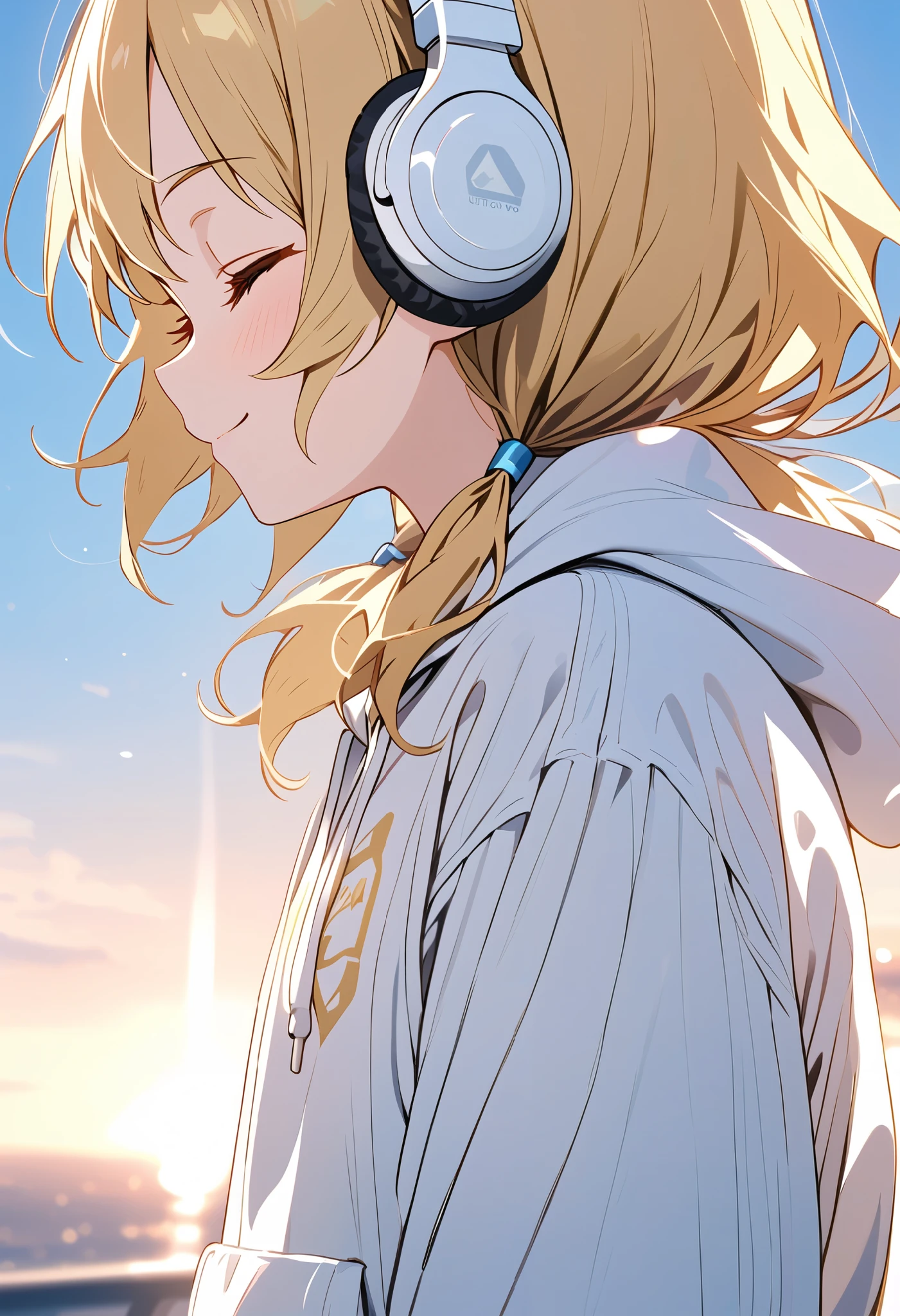 {{{masterpiece}}}, {{{ top quality}}}, {{ ultra detail}}, { cute, DETAIL EYES },((side view,closed eyes)),  One Girl , Alone, ((gold hair,low twintails)),((((white headphones))),(((white hoodie))),(black skirt),((standing)),light smile,Midea,sunrise,clear sky