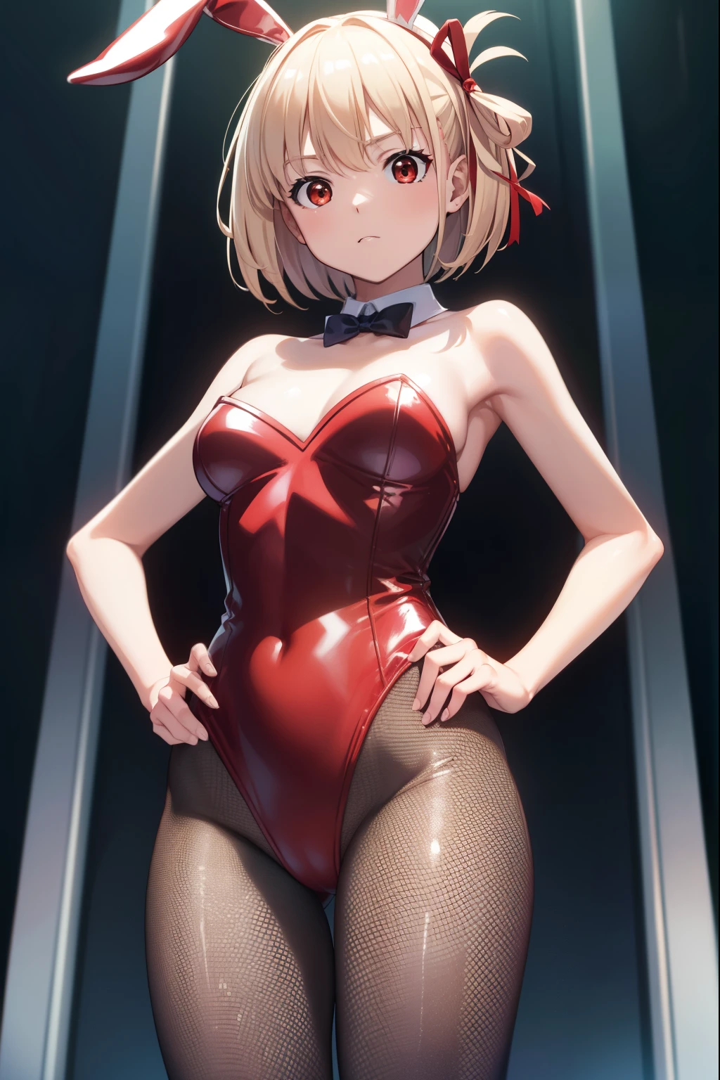 score_9, score_8_up, score_7_up, score_6_up, uncensored, angelica, blonde hair, braid, hair bun, red eyes, BREAK (masterpiece:1.2), best quality, high resolution,(detailed eyes:1.3), perfect lighting,(perfect hands, perfect anatomy), large breasts, seductive smile, fishnet_legwear, fishnets, animal_ears, bunny_ears, bunnysuit, pantyhose, 1girl, leotard, solo, fake_animal_ears, red_leotard, detached_collar, bare_shoulders, breasts, wrist_cuffs, bunny_girl, black_leotard, strapless_leotard,  strapless, standing, alternate_costume, looking_at_viewer,  red_neckwear, cowboy_shot, blush, sliding door, tatami, 