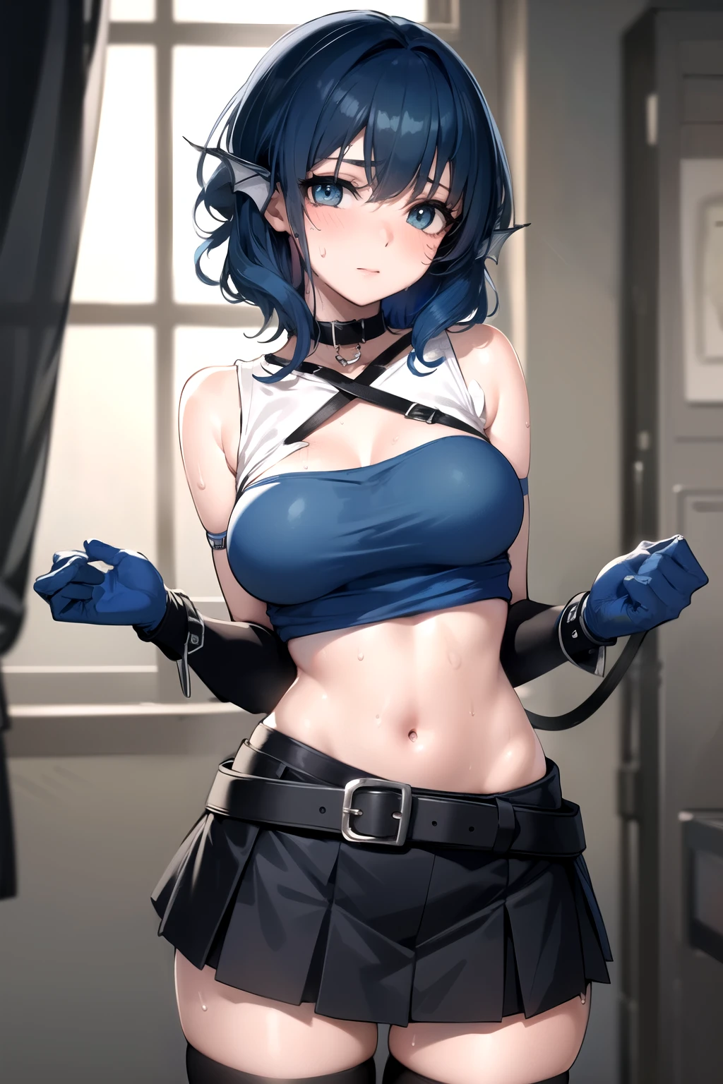 masterpiece,1girl,solo,blue hair,short hair, hair intakes,torn clothes, handcuffs, chains,navel,tears, (arms behind back:1.2),bondage,shibari,chains,heart-shaped pupils, open mouth,