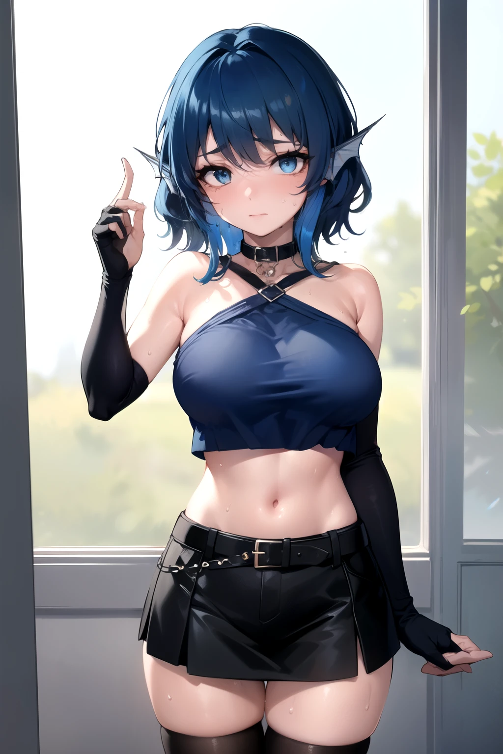 (Best Quality,Unparalleled Masterpiece:1.4),Ultra-Detailed CG 4K,(Ultra-Detailed Clear Absurdly-Vivid white Big Eyes:1.2),Gorgeous Round Detailed Face, ADULT(Bangs:1.2), wakasagihime, 1women, age 20, short stack, thick , big breast, big head, (short:1.1), (blue hair:1.6), short hair, head fins, standing up, shiny skin, (sweaty:1.4), masterpiece, best quality , soft smile, sleeveless, elbow gloves, black midriff, crop top, strapless , belly button, black short skirt, breast window , black thighhighs, dog collar, leashed .