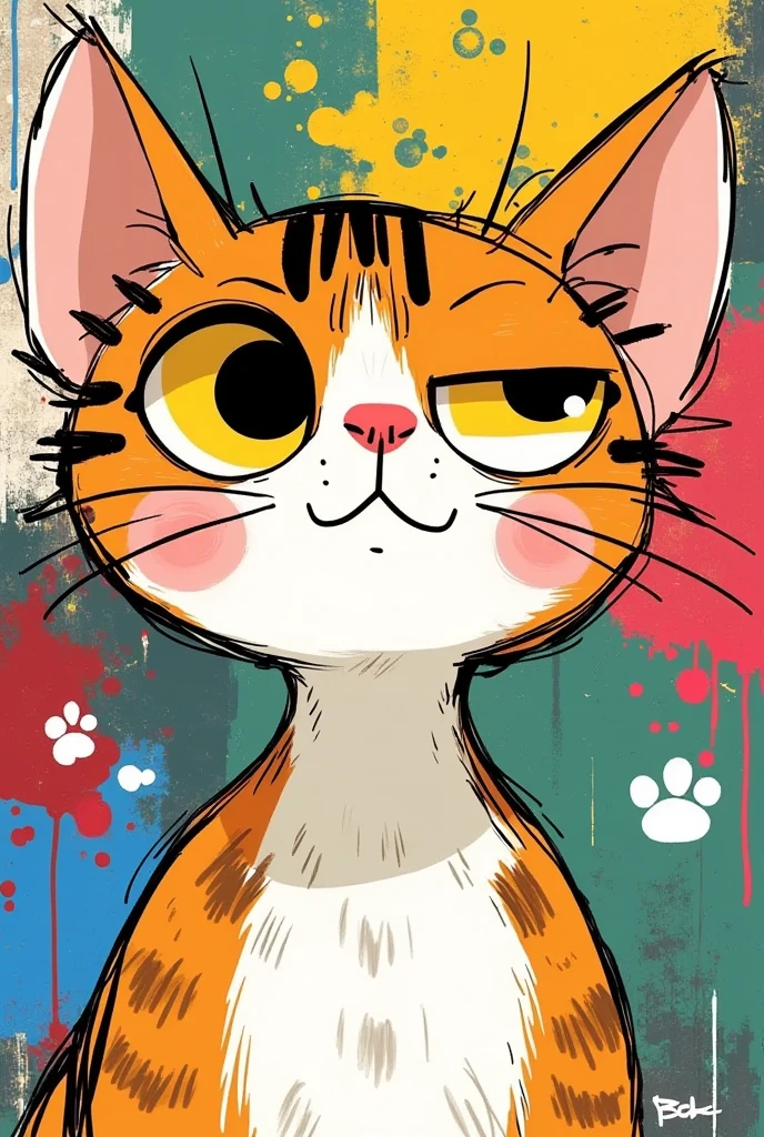 a cartoon cat portrait, graffiti style, hyperrealistic, 3d rendering, extremely detailed, beautiful detailed eyes, beautiful detailed nose, beautiful detailed lips, long eyelashes, vibrant colors, dynamic composition, street art, urban background, spray painted effect, gritty texture, bold brushstrokes, dynamic pose, mischievous expression, playful personality, best quality, 8k, highres, masterpiece