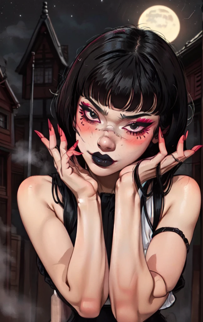 1girl, FengMin, solo, skinny, black eyes, asian eyes, eyeliner, looking at viewer, lips, black bob cut, blunt bangs, blush, standing, upper body, face focus, outdoors, horror \(theme\), night, fog egirlmakeup