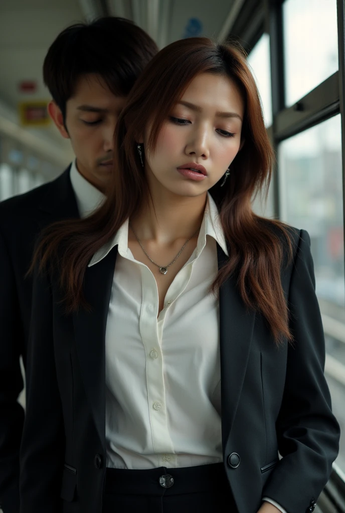   beautiful brown-haired woman  , Commuter trains in Japan,Crowded car interior,  business suit wearing a white shirt 、Wide Chest , ((Beautiful actress orgasms )) ,    sharp focus with eyes closed   , (  8K ultra HD :0.8),   super detailed ,   RAW amateur photo  ,(( face close-up )),((Frowning, Irritation, frown,  open your mouth wide ,Panting face,))Chest, neck, And a sweaty face  ,Coordinating Your Chest to SEXY ,  Beautiful Actress Scandals,Standing by the window of a crowded train 、 woman leaning against the man behind her  ,  leaning back from outside  , A man hugs a beautiful girl who looks like the heroine of an idol anime , sex,seat,(( sweaty chest and décolletage ,  sweaty skin,Sweaty, shiny skin)),(( Wet Filter)) climax face , the chest of the shirt was stretched out and I was sweaty ,Standing by the window of a crowded train ,  Chiseled Face 