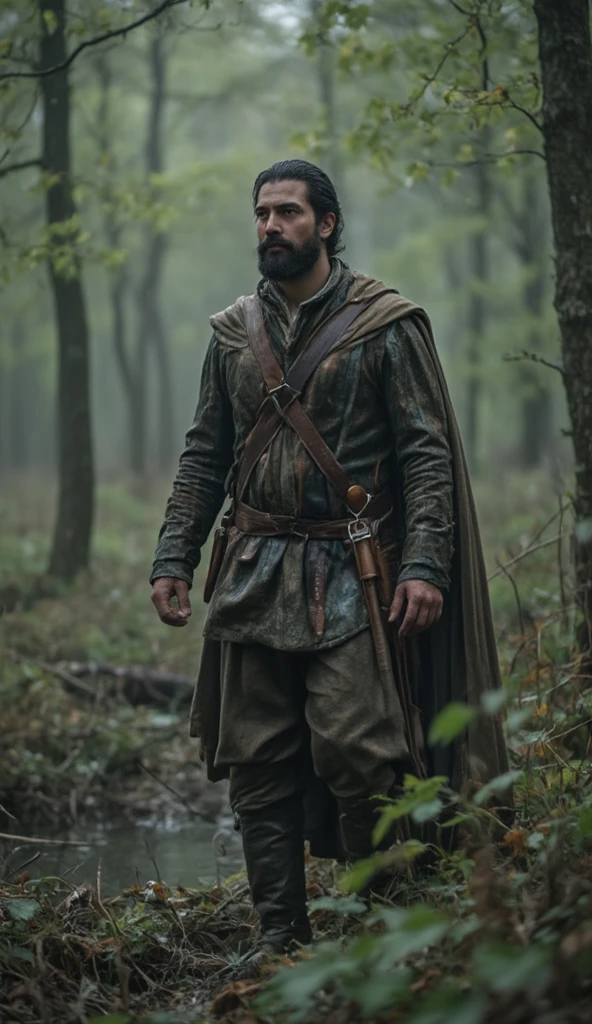 ((high resolution, super detailed frame)), ((focus on fine details and atmosphere of the scene))spring, rainy weather, medieval motifs,
A man in a hunter's outfit, with a black beard and moustache, walks through the forest. Against the background of a forest and a swamp.