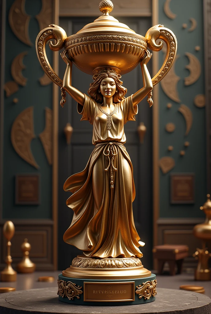 Photorealistic, final render, real, realistic, a small brass statuette of a female holding a key, on a desk, in a mansion, horror, dark, dim