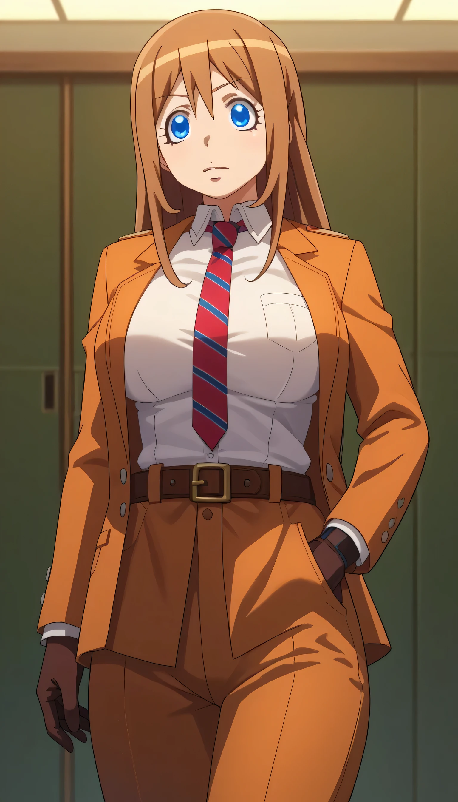 1girls, solo, female_focus, necktie, formal, gloves, suit, , adjusting_clothes, belt, hand_in_pocket, shirt,, , jacket, pants, long_sleeves,large breast,viktoria ivanovna serebryakov, long hair, blue eyes, brown hair, large breasts,