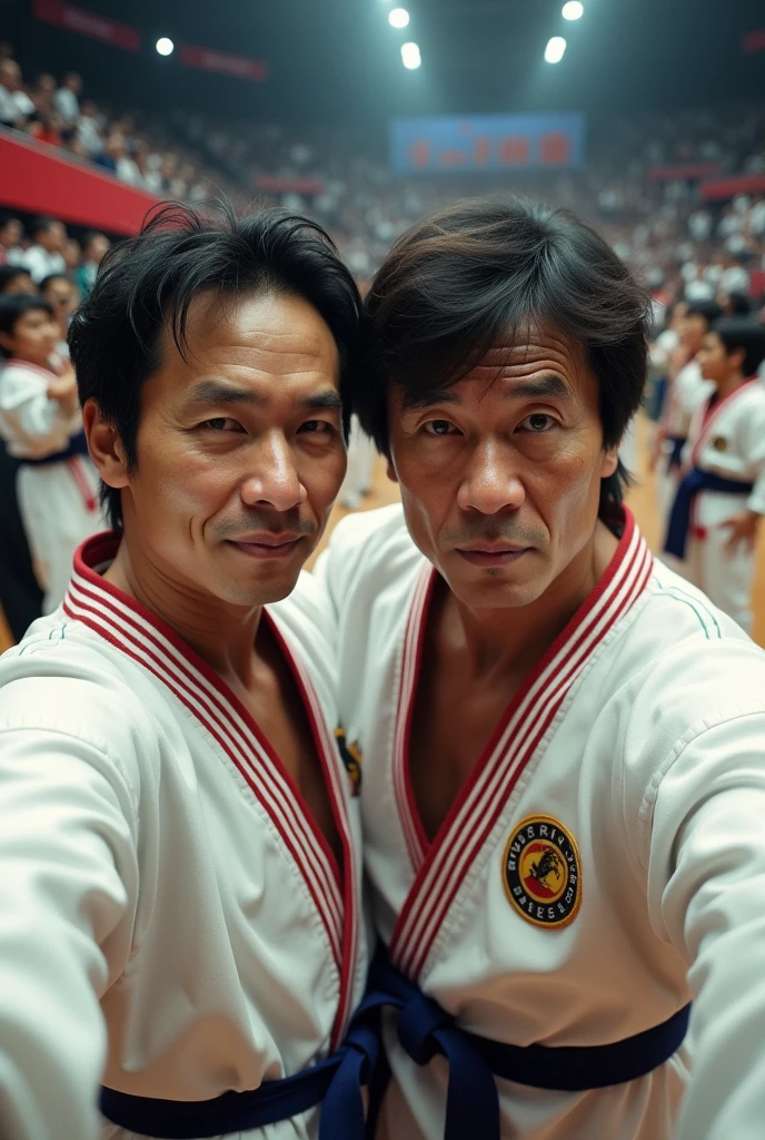 Imagine a young Jackie Chan wearing a white tank top vest inspired by the best ??? actor。, Striking martial arts poses with the agility and charisma of a legendary action star. please.