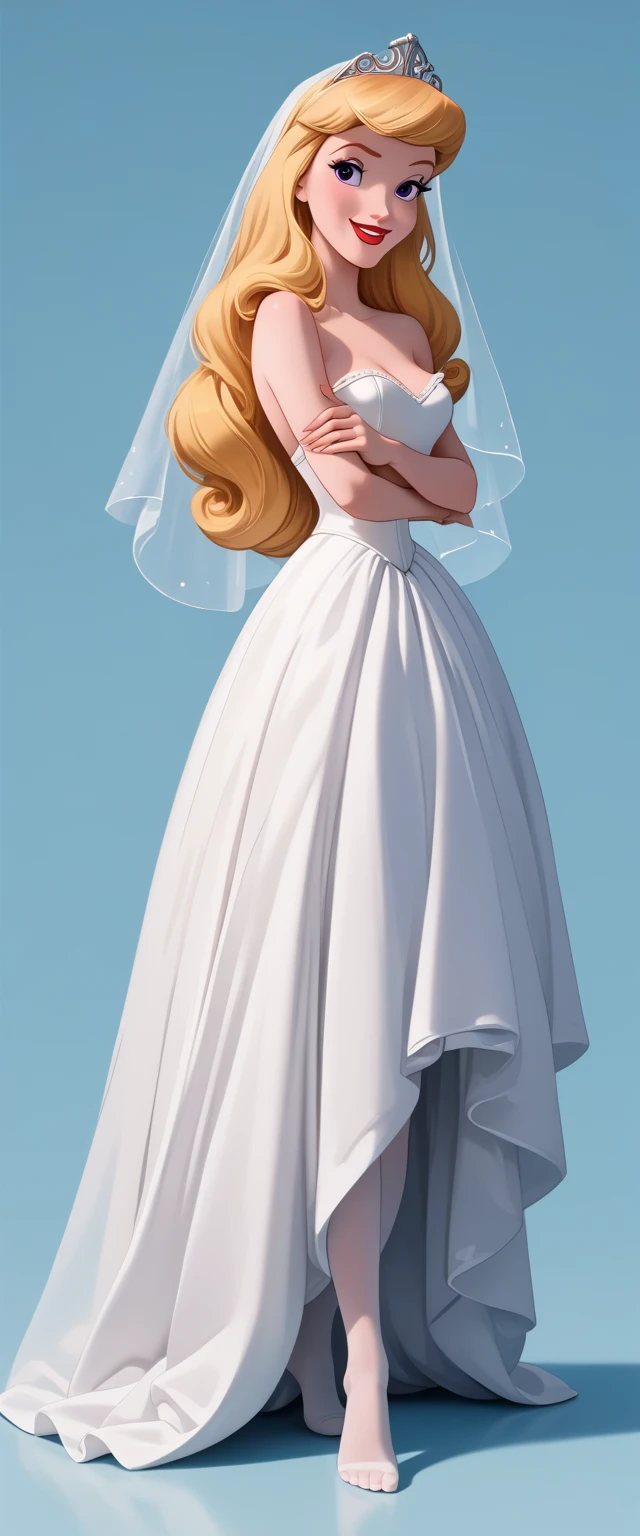 score_9, score_8_up, score_7_up, score_6_up,  BREAK Disney princess Aurora ,1girl, solo, porcelain doll, blonde loose and long hair, no shoes, thin face, nude, purple eyes, red lips, smiling, fair skin, Disney 3D render, ((Princess Aurora standing compketely nude as a sexy bride, just covering her whole nude body with a veil, wearing stockings, (Aurora's face exactly as original Disney character),