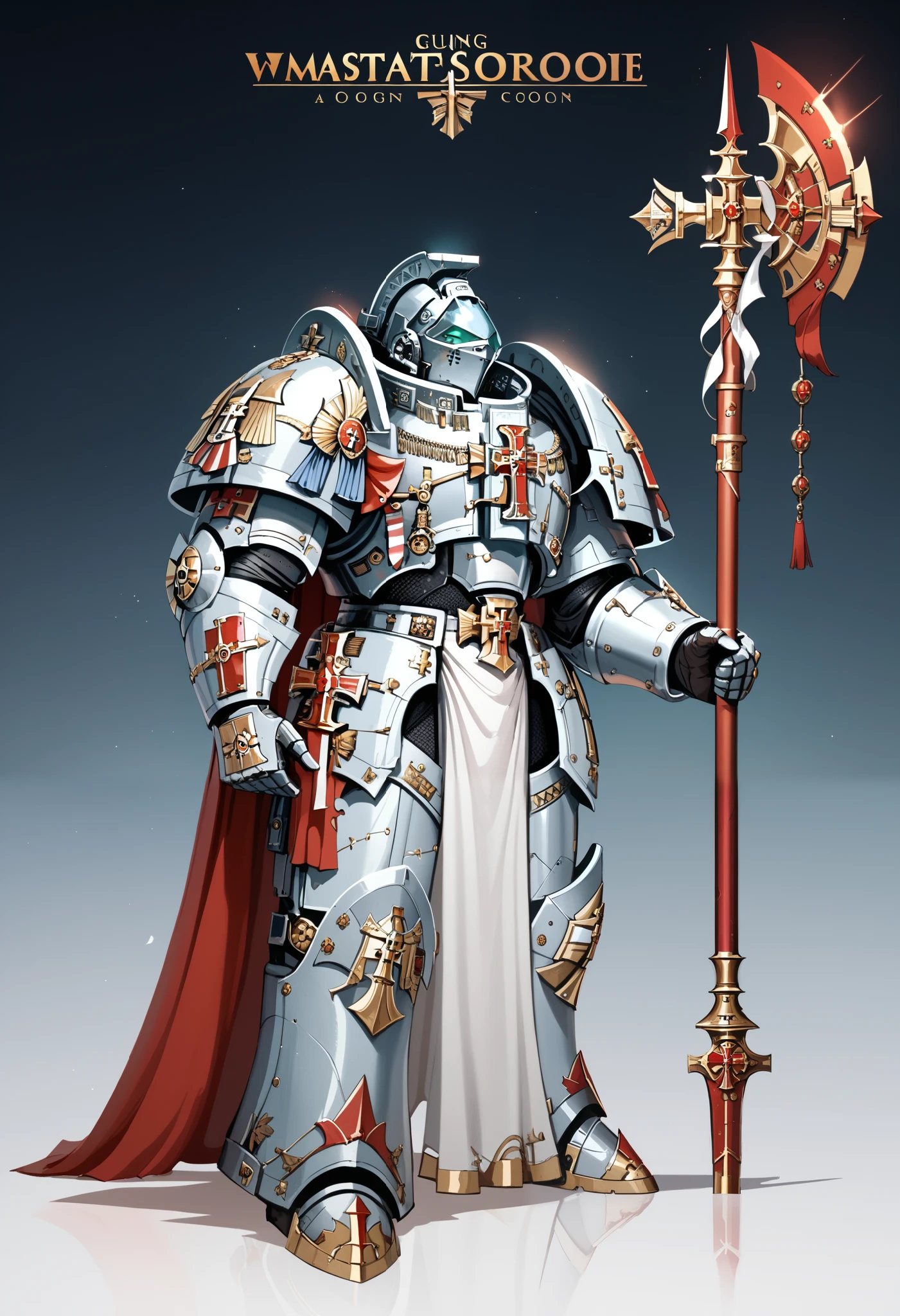 Anime, Concept art, Absurd resolution, high resolution, (masterpiece: 1.4), hyper-detail, warhammer 40k terminator armor, Juggernaut armor, heavy armor, knight, full body, glowing weapon, cloak, armor, red trimings, edgy, grimdark, octosoup, 1man, bulky, buff, red plume, loin cloth, primaris helmet, reference sheet, iron halo, GreyK40k, full shot, Holding_Halberd_V1, 