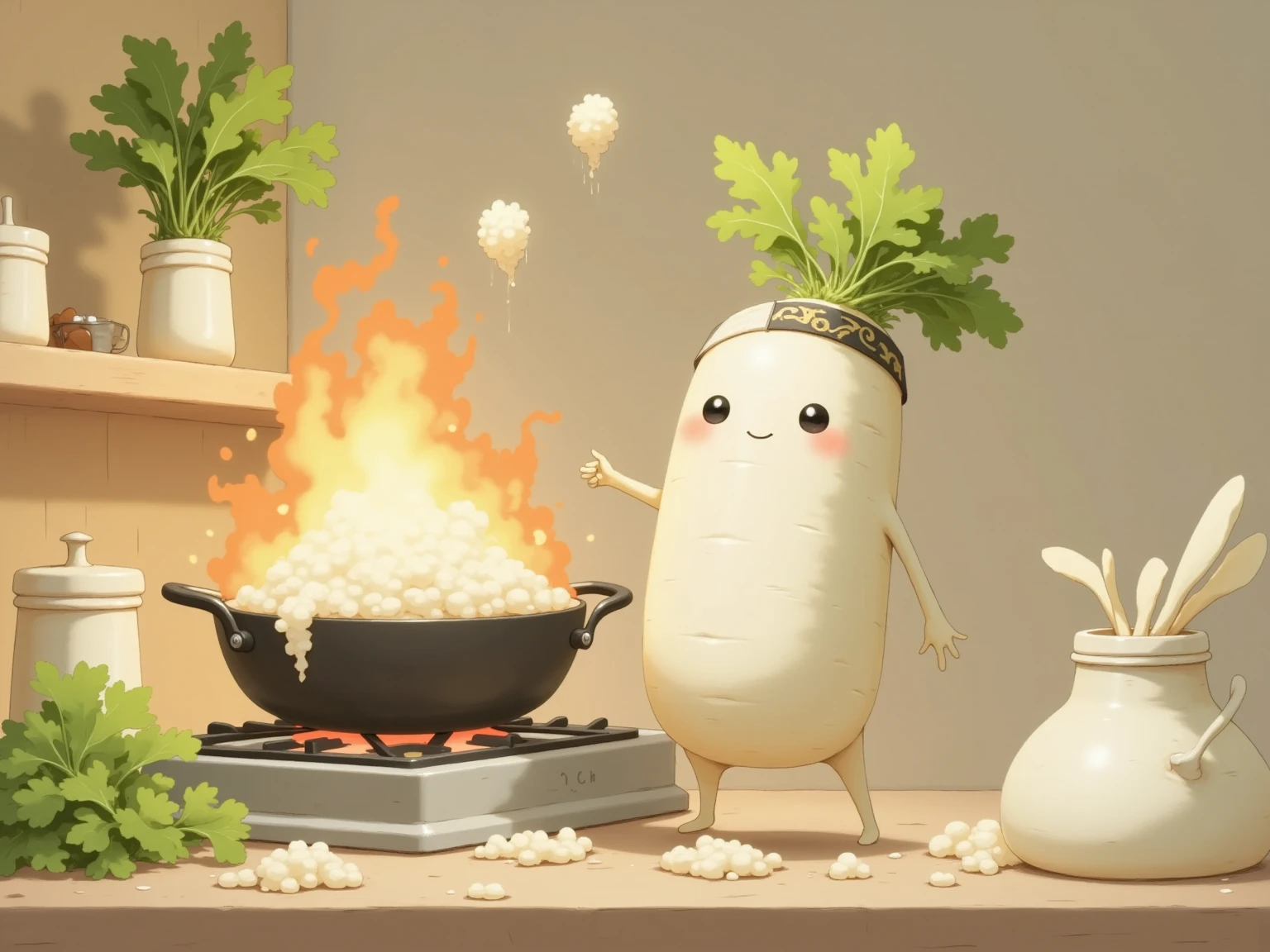 masterpiece:1.3,  cute radish:1.3, ((中華料理店のkitchen, kitchen, Inside the store, Chinese-style kitchen )),  fiery stove , Large wok, Anthropomorphic daikon ,  A daikon with a headband is sifting a wok to make fried rice,  fried rice floats in the air ,  cooking, china hotel,  Chinese-style restaurant 