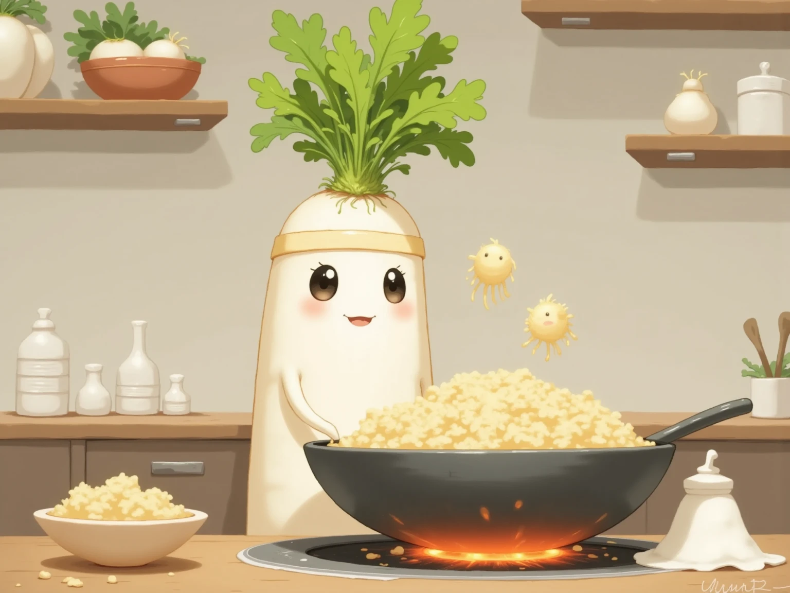 masterpiece:1.3,  cute radish:1.3, ((中華料理店のkitchen, kitchen, Inside the store, Chinese-style kitchen )),  fiery stove , Large wok, Anthropomorphic daikon ,  A daikon with a headband is sifting a wok to make fried rice,  fried rice floats in the air ,  cooking, china hotel,  Chinese-style restaurant 