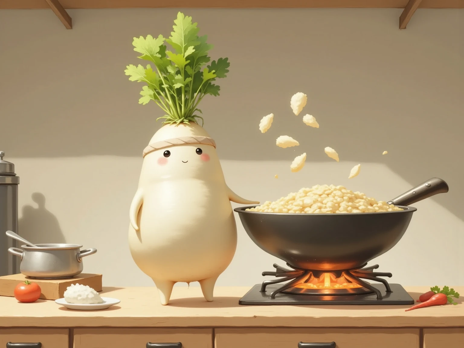 masterpiece:1.3,  cute radish:1.3, ((中華料理店のkitchen, kitchen, Inside the store, Chinese-style kitchen )),  fiery stove , Large wok, Anthropomorphic daikon ,  A daikon with a headband is sifting a wok to make fried rice,  fried rice floats in the air ,  cooking, china hotel,  Chinese-style restaurant 