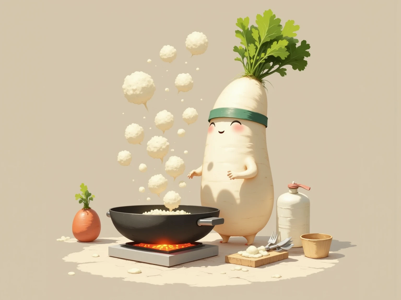 masterpiece:1.3,  cute radish:1.3, ((中華料理店のkitchen, kitchen, Inside the store, Chinese-style kitchen )),  fiery stove , Large wok, Anthropomorphic daikon ,  A daikon with a headband is sifting a wok to make fried rice,  fried rice floats in the air ,  cooking, china hotel,  Chinese-style restaurant 