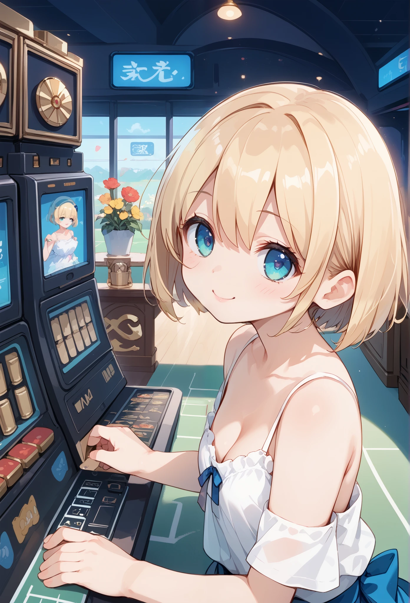  anime girl  playing a slot machine in a casino,  cute girl with flowers in her hair, seductive  anime girl , ( anime girl ),  digital animation illustration ,  Lofi Girl , On pixiv, attractive  anime girl , an  anime girl , cute  anime girl ,  Hanayamata ,  anime girl ,  anime best girl  ,  young woman anime visual, pretty  anime girl ,Blonde, bob cut, white camisole ,Facing the slot machine