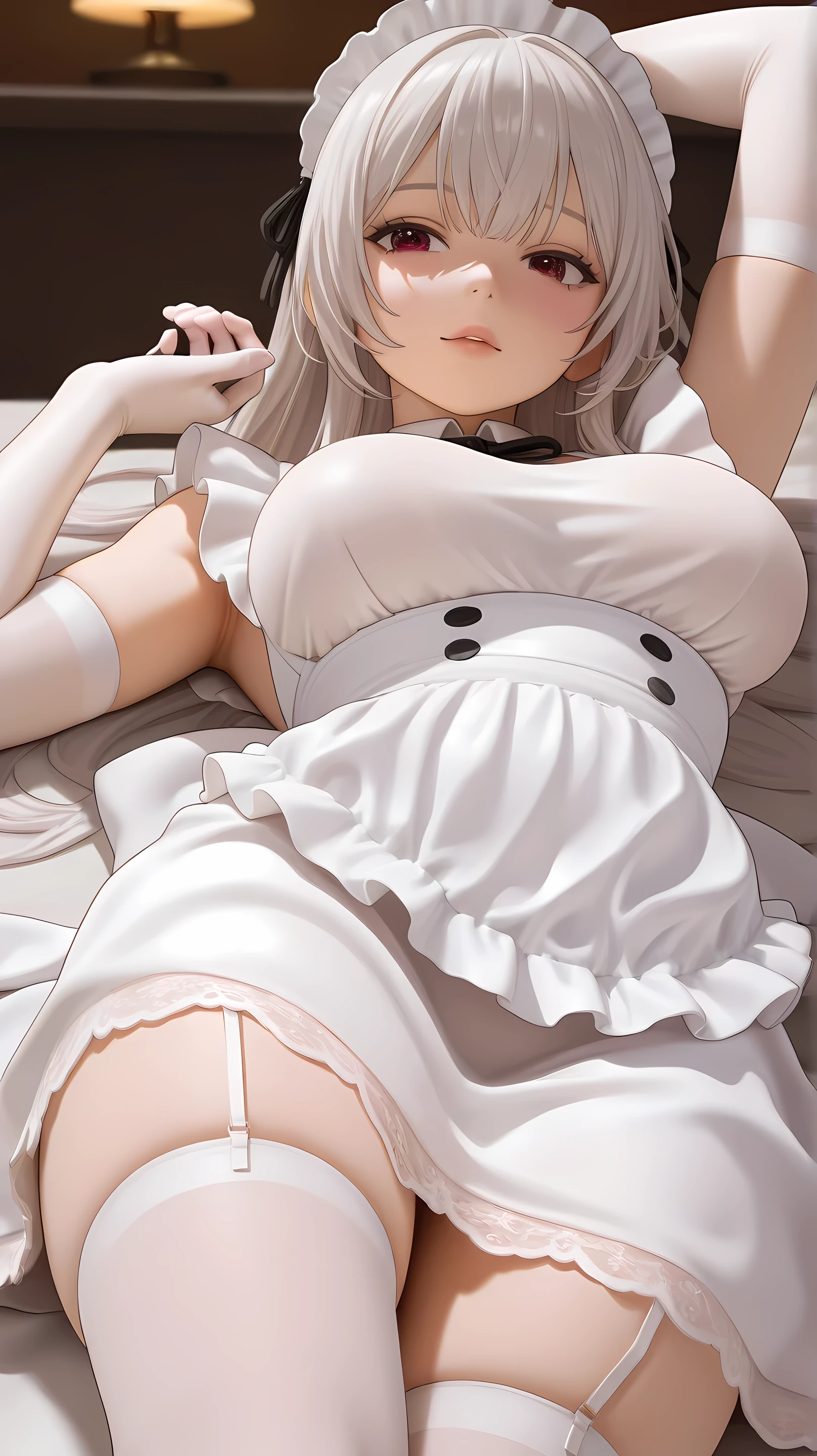 A girl, medium breasts, Japanese smelly eyes, fringe, elbow length gloves, knee-high socks, Realistic lights, detailed eyes , Athletic body, Wearing a short white maid dress, big boobs, long hair pants, Fat legs, short woman , Sensual Pose, art with outline, close, View under the dress, lying down, close up of breasts