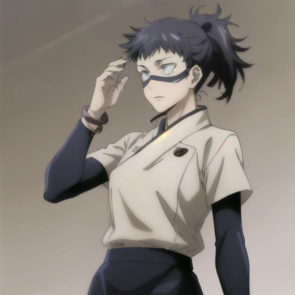 A Jujutsu Kaisen character, a girl, She has long hair, the hair blend of dark blue and black color and straight and glossy and tied up in a modern ponytail with a few loose strands gently falling on either side of her face. She always wears a blindfold covering the upper half of her face. This mask is not just for protection, but also a symbol of her mystery and unique personality. She wears the Jujutsu Tokyo school uniform, with a white shirt and a short black skirt, but always carries a bracelet containing auxiliary charms.