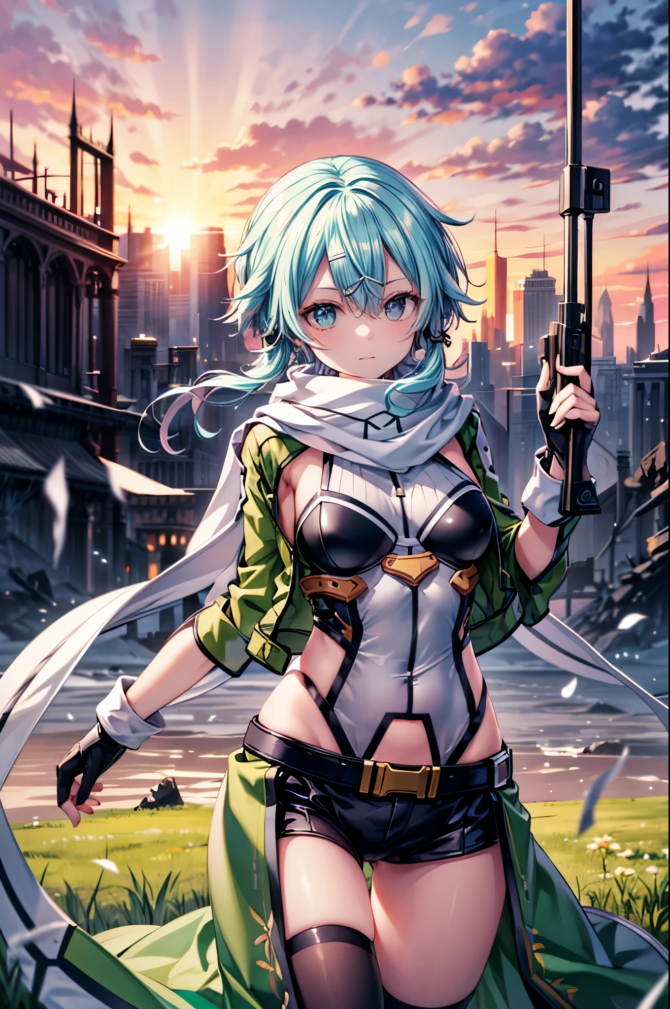 (masterpiece), best quality, expressive eyes, perfect face, highres, sinon1, scarf, fingerless gloves, long sleeves, short shorts,groin, hair ornament, hairclip, green thighhighs, green jacket,covered_nipples, thigh strap, field, sunset_ruins background, ruined structures, dynamic_posing, looking at the viewer, covered_navel,covered_nipples,