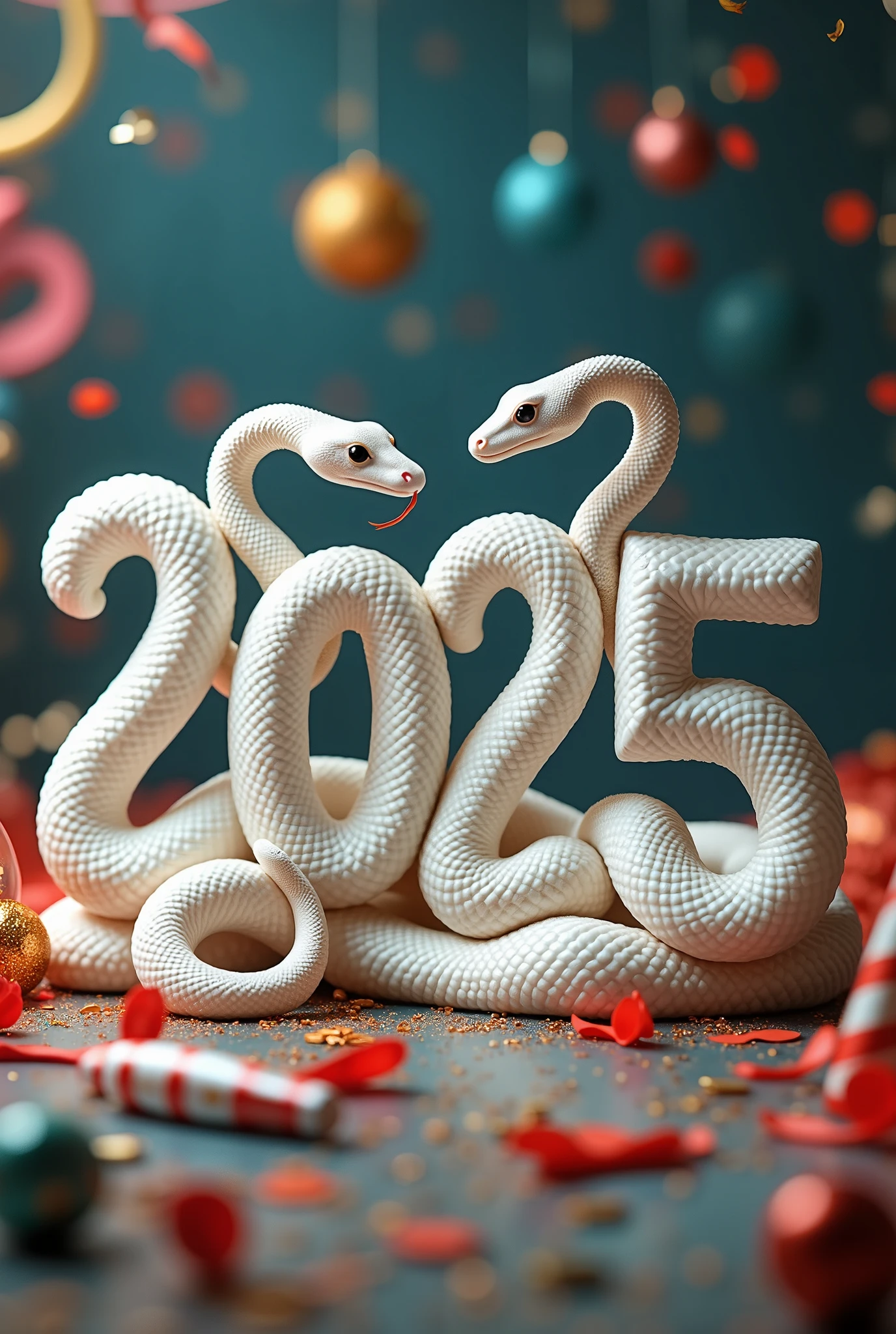 arrange white snakes Drawwing by their body to like the text”2025”, snake characters celebrating the new year