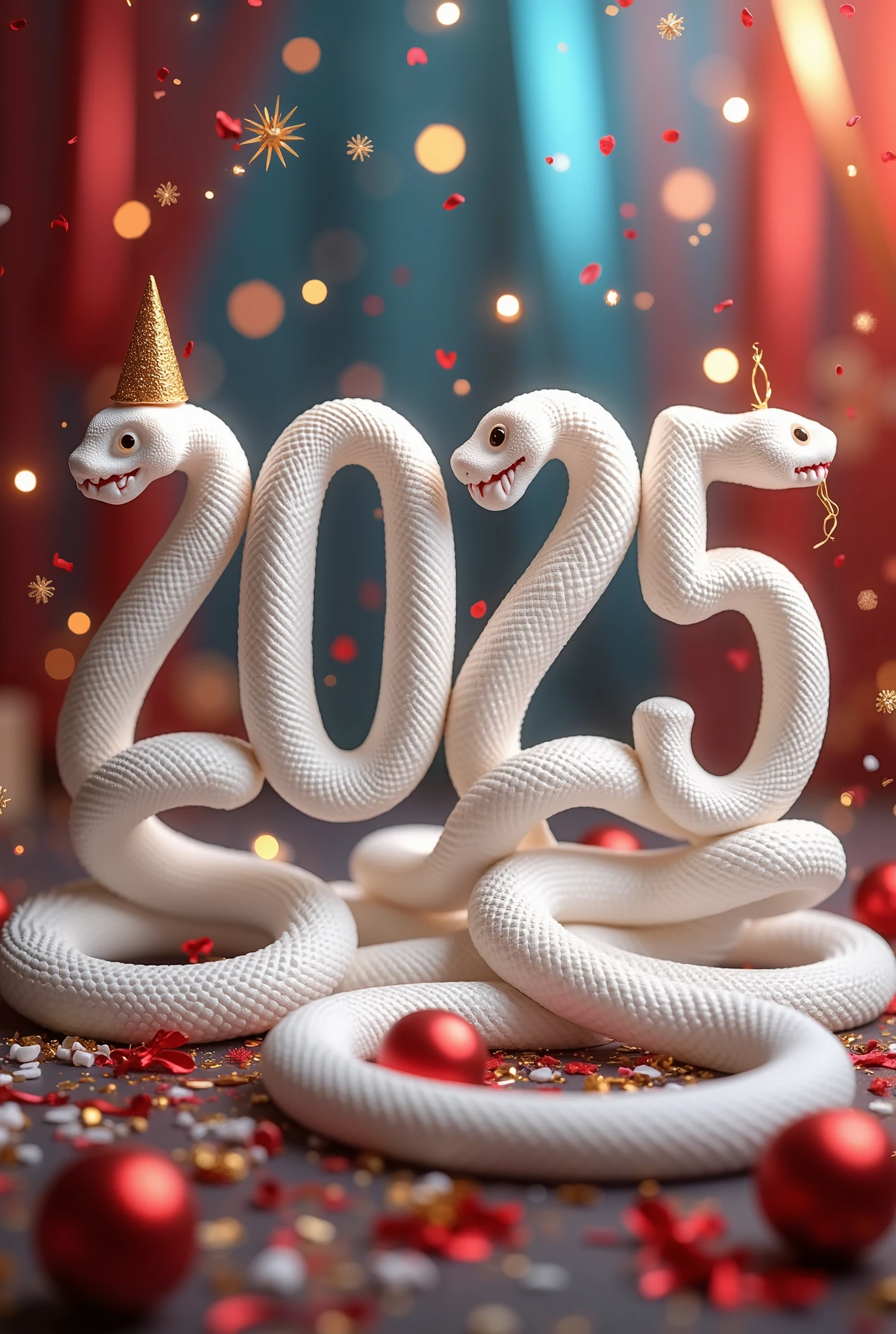 arrange white snakes Drawwing by their body to like the text”2025”, snake characters celebrating the new year