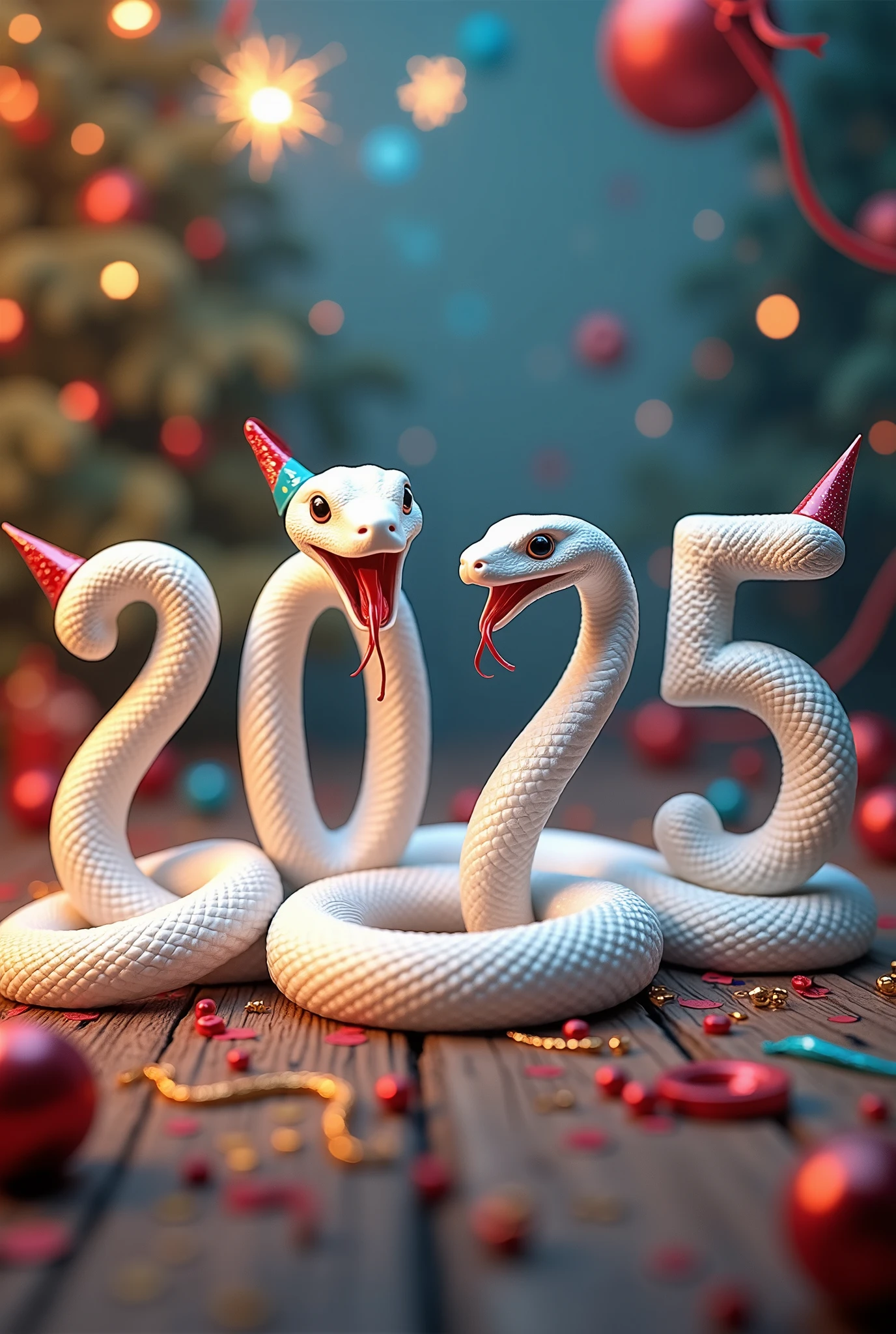 arrange white snakes Drawwing by their body to like the text”2025”, snake characters celebrating the new year