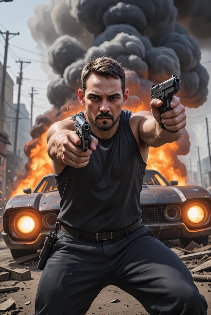 GTA V Style. a young man, about 30 years old, in dynamic pose, holding 2 pistolas, in action scene, dynamic Angle, handsome man, detailed illustration, vivid colors, burning car in background. 