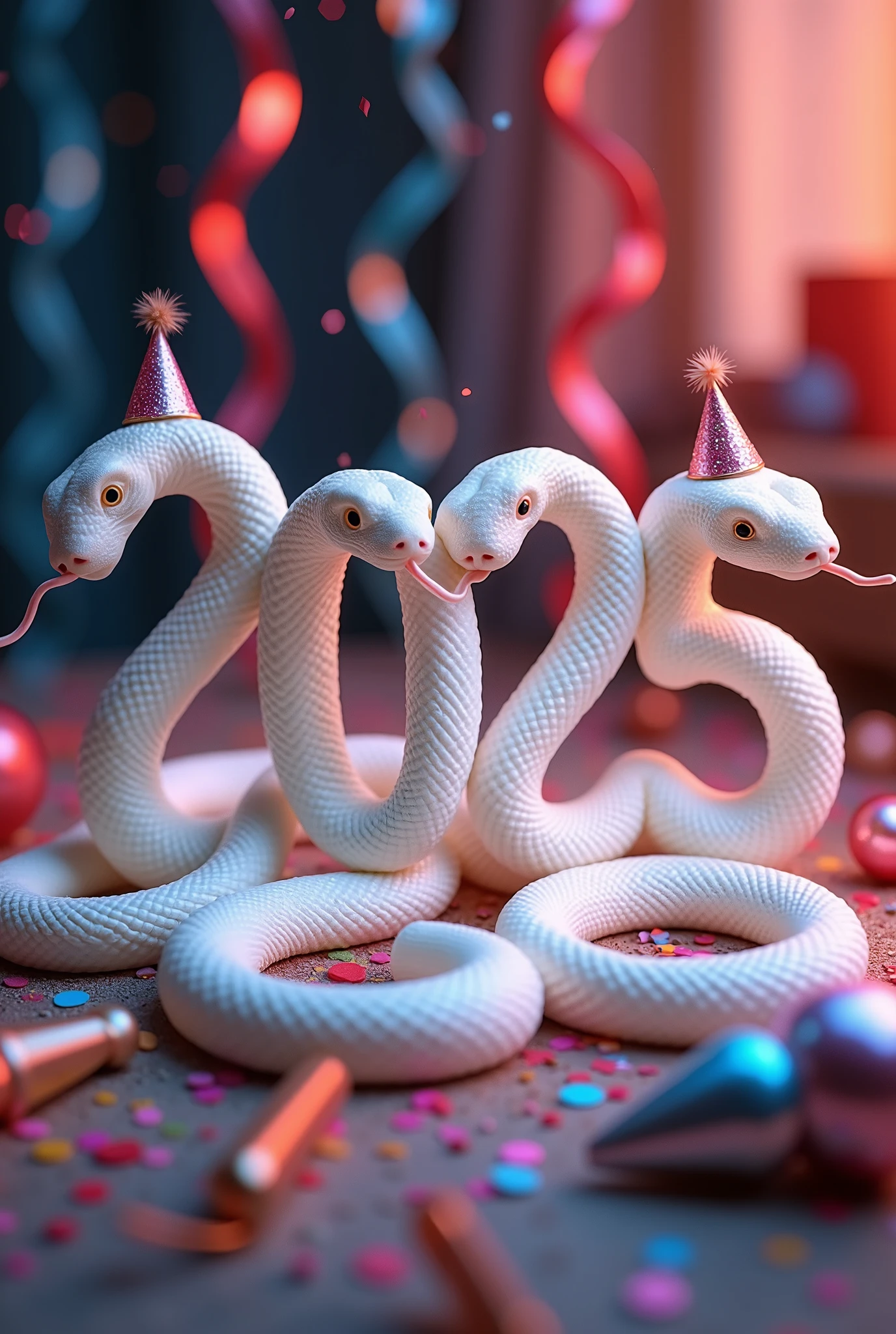 arrange white snakes Drawwing by their body to like the text”2025”, snake characters celebrating the new year