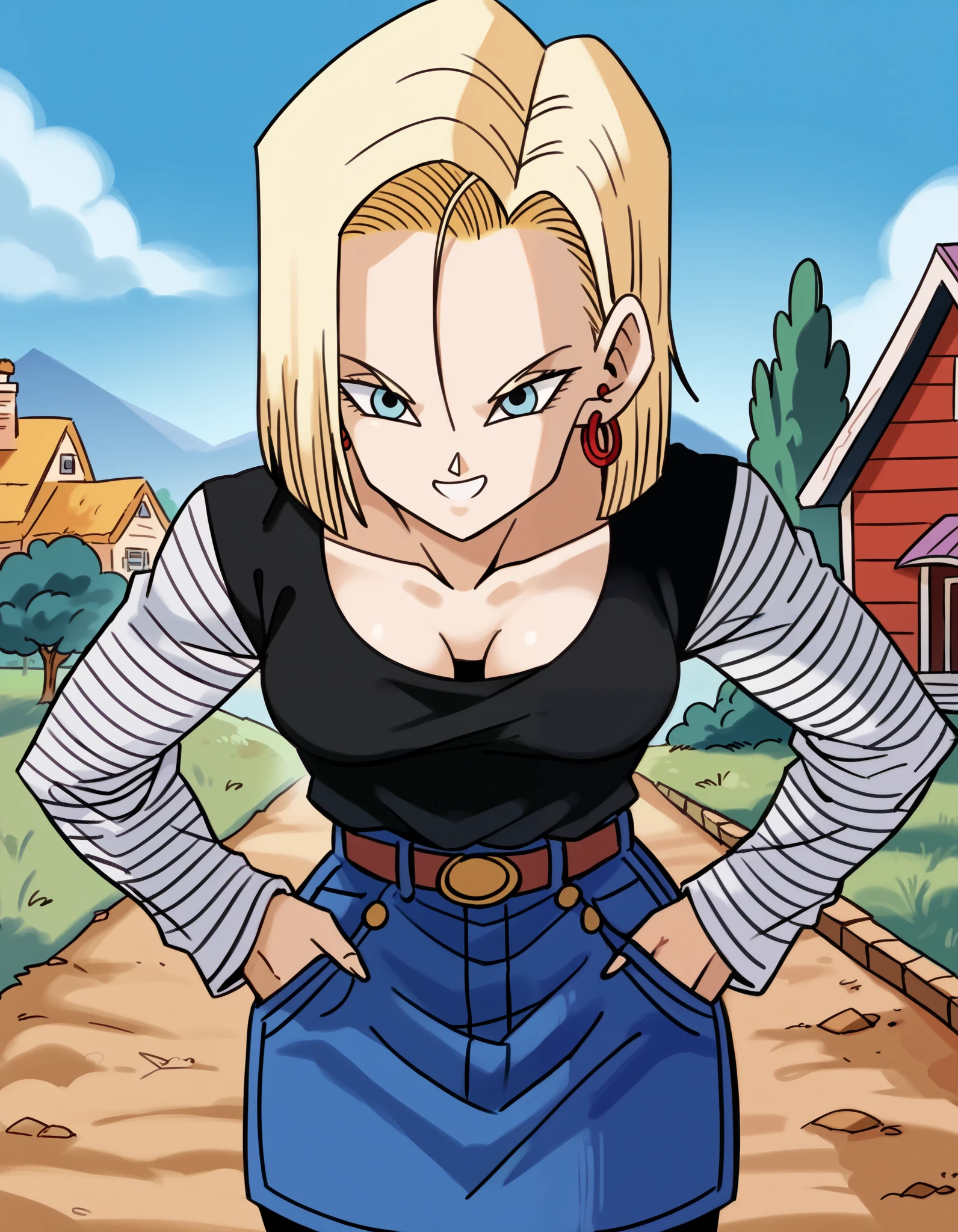 score_9, score_8_up, score_7_up, source_anime, android 18, blonde hair, blue eyes, eyelashes, hoop earrings, short hair, earrings, belt, black legwear, black shirt, collarbone, denim, denim skirt, high-waist skirt, jewelry, long sleeves, black & white stripe shirt, shirt tucked in, skirt, striped, striped sleeves, cowboy shot, medium breasts, kame house, outdoors, 2lines road, besides rock walls, guardrails, countryside, rural, standing, ((bending upper body deeply to viewer, deep leaning forward to viewer)), put hands on waist, deep Downblouse, nipples in leaning forward posture, (nsfw), half-smile, evil smile, 