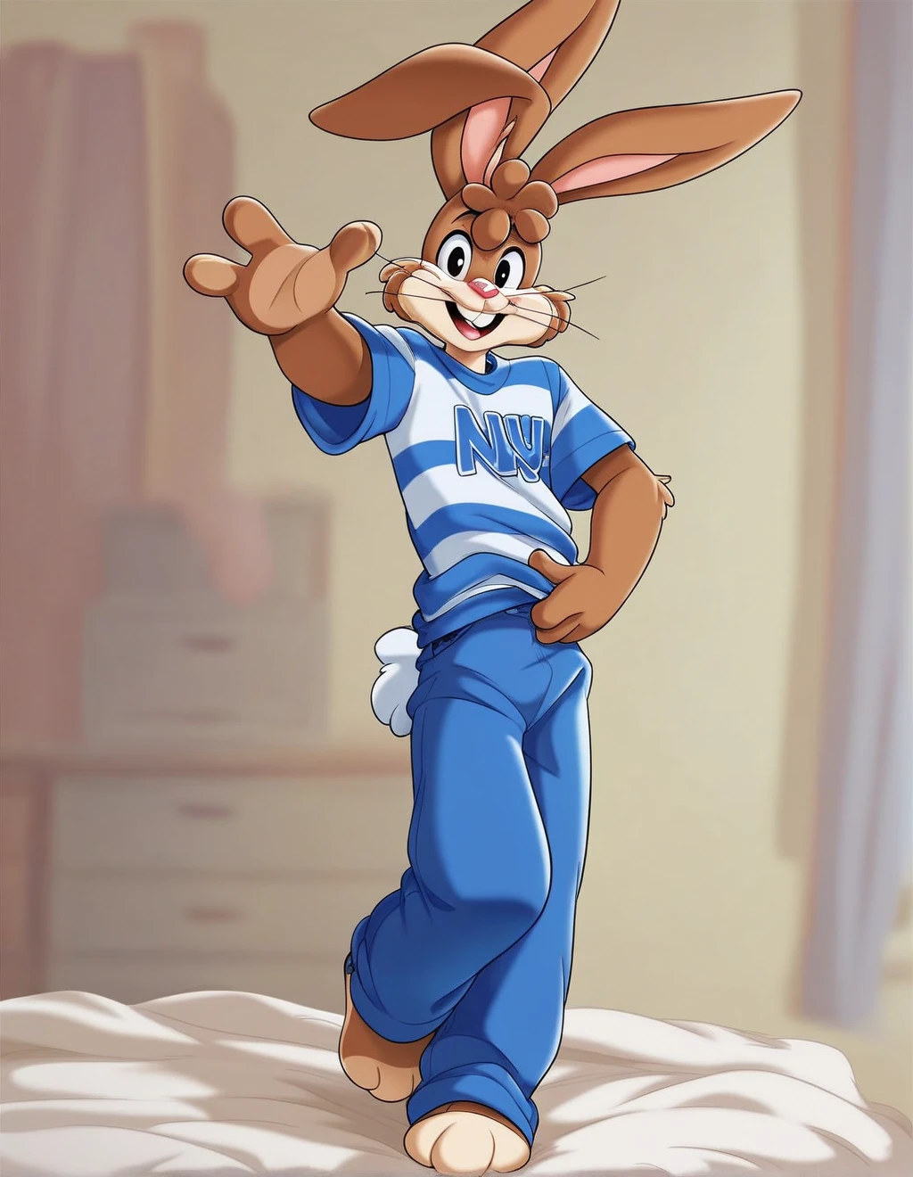 zPDXL3,quicky,4 fingers,brown fur, blue pants, blue striped shirt, French style, standing in the bedroom, young 25 year old adult, 6 feet tall, cute version of quicky, cute rabbit hair, furry, rabbit, male, femboy, eye stare, slim,solo,looking_at_viewer,