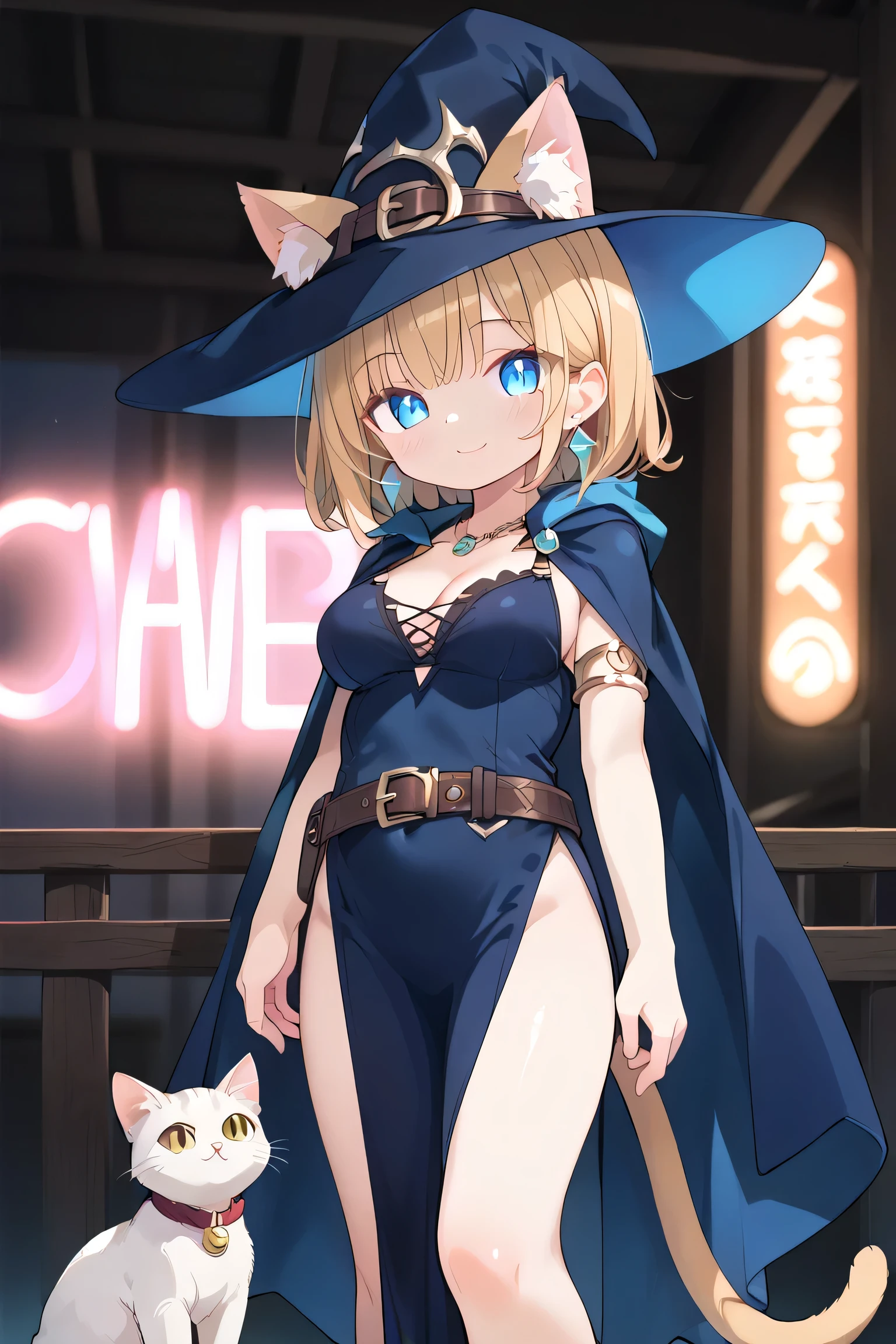 (blurry background, breasts, smile, blue_eyes, jewelry, medium_breasts, closed_mouth, standing, cowboy_shot, earrings, belt, cat_ears, necklace, groin, animal_ear_fluff, no_panties, blurry_background, cat_girl, cloak, extra_ears, armlet, side_slit, blue_cape:1.2),(1girl, solo, bangs, large_breasts, brown_hair, hat, dress, sleeveless, medium_hair, cape, black_dress, window, depth_of_field, blue_headwear, witch:0.8),looking_at_viewer, blush, short_hair, blonde_hair, animal_ears, cleavage, bare_shoulders, tail, thighs, indoors, orange_hair, blurry, cat_tail, black_headwear, covered_navel, witch_hat, :3, sleeveless_dress, pelvic_curtain, single_earring, brown_belt, ears_through_headwear, , (g0th1c, glowing, neon lights, glowing eyes:1.3) , looking at viewer, Expressiveh, score_9, score_8_up, score_7_up, score_6_up, masterpiece, best quality, very aesthetic, handfixer