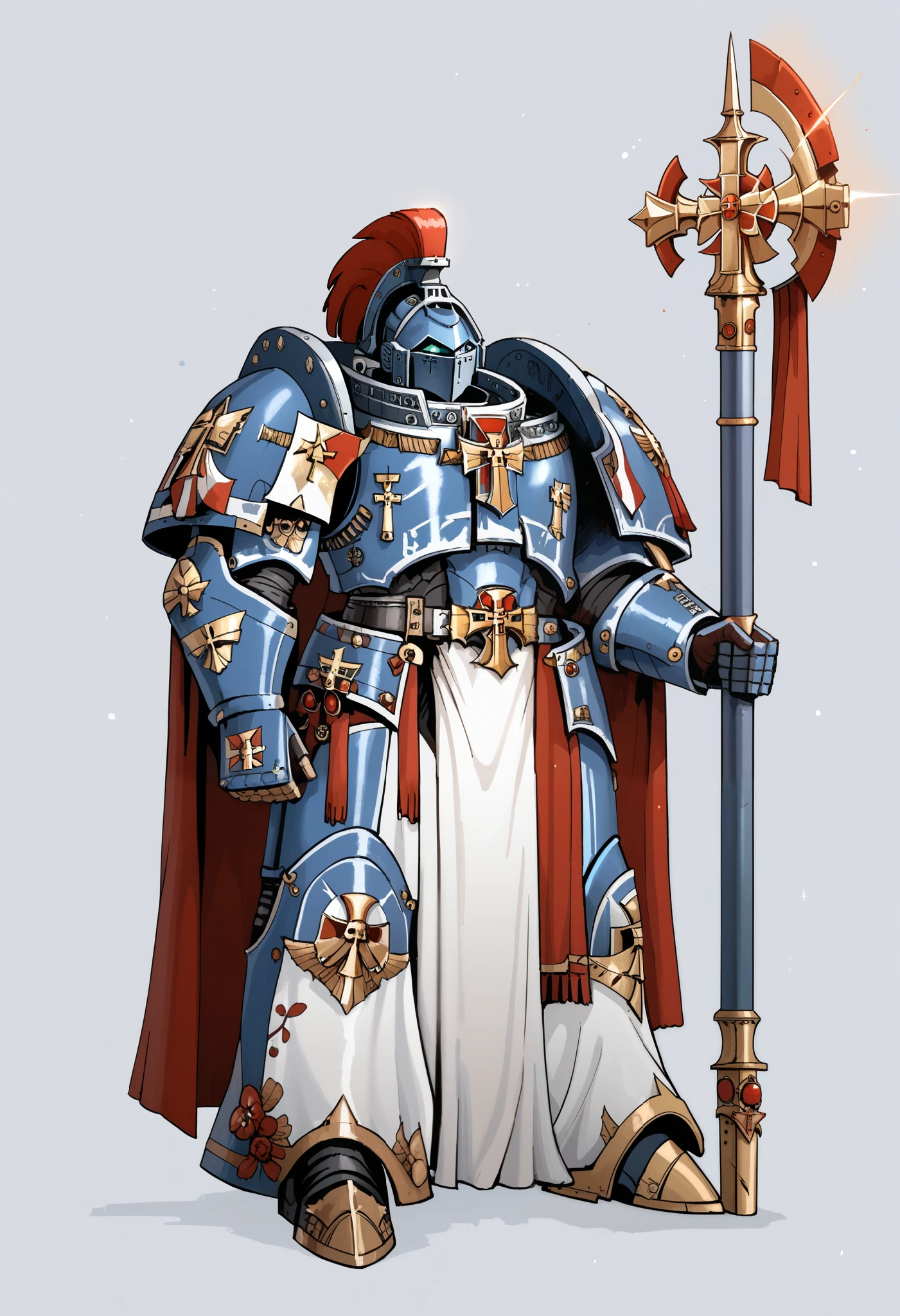 Anime, Concept art, Absurd resolution, high resolution, (masterpiece: 1.4), hyper-detail, warhammer 40k terminator armor, Juggernaut armor, heavy armor, knight, full body, glowing weapon, cloak, armor, red trimings, edgy, grimdark, octosoup, 1man, bulky, buff, red plume, loin cloth, primaris helmet, reference sheet, iron halo, GreyK40k, full shot, Holding_Halberd_V1, front view: 1.2,