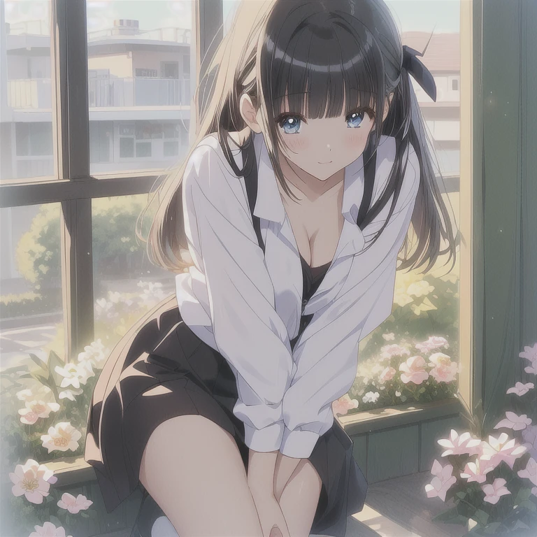 realistically, 1 girl, ponytail, brown eyes, glowing eyes, Blush, daytime, sun light, Wet, Seethrough, Sit with your knees raised., crotch, nipples, sleeveless shirt, pussy, armpit, Naked, legs apart